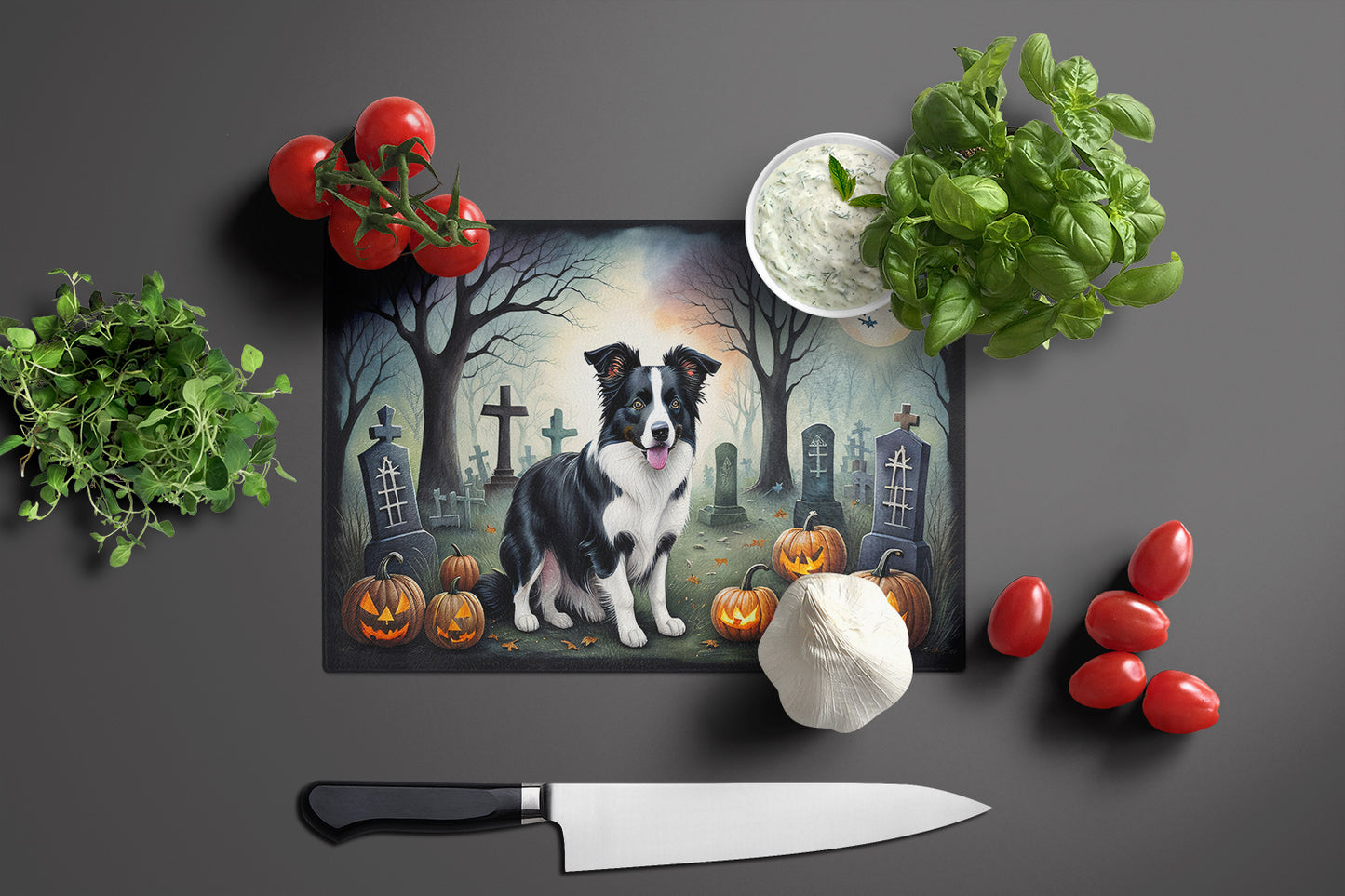 Border Collie Spooky Halloween Glass Cutting Board