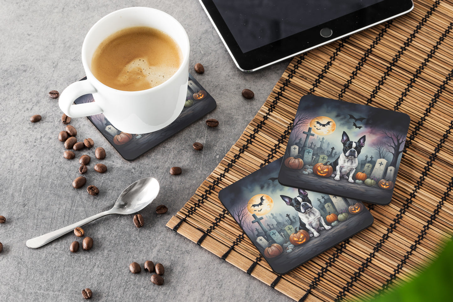 Boston Terrier Spooky Halloween Foam Coasters