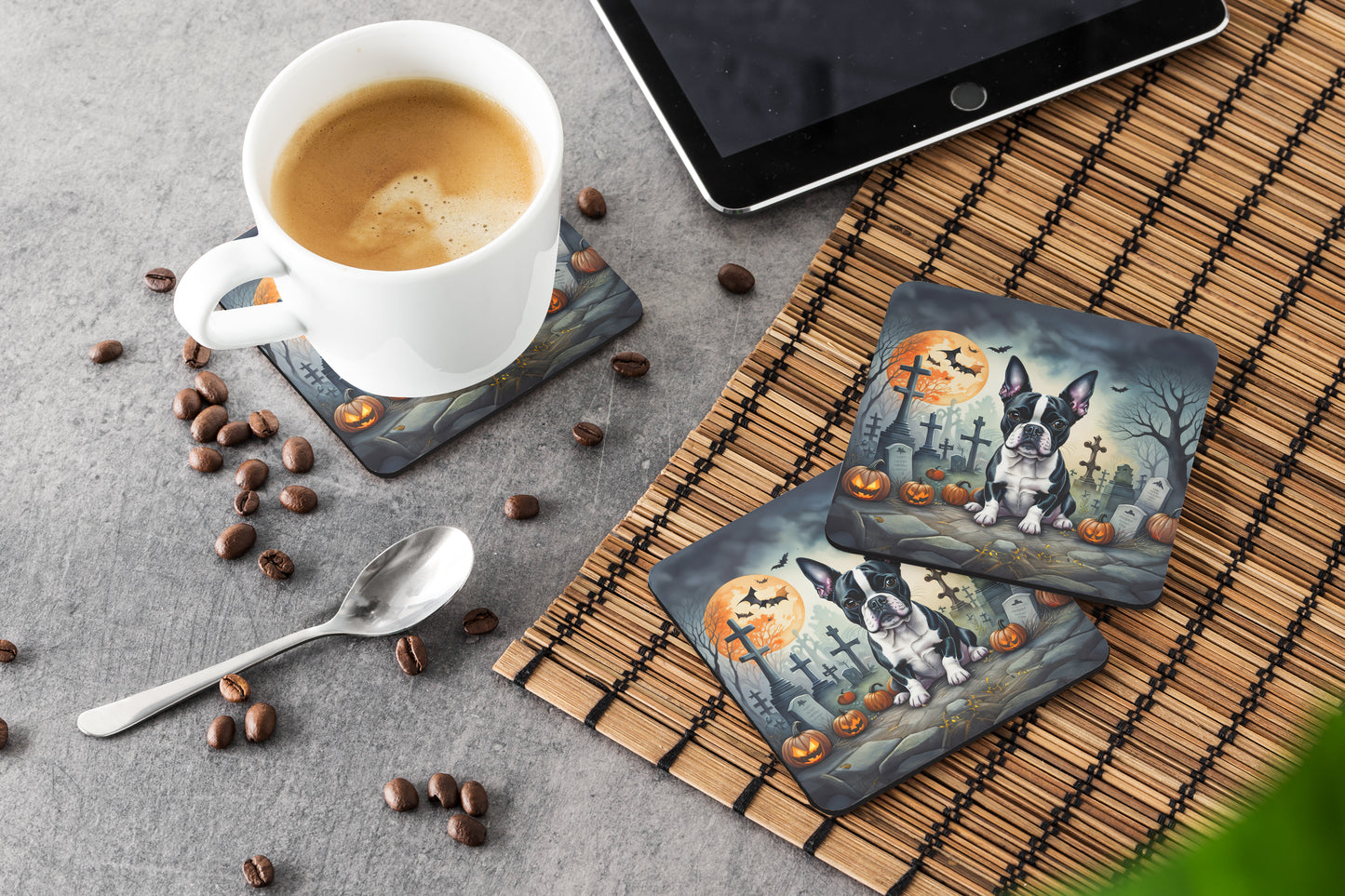 Boston Terrier Spooky Halloween Foam Coasters