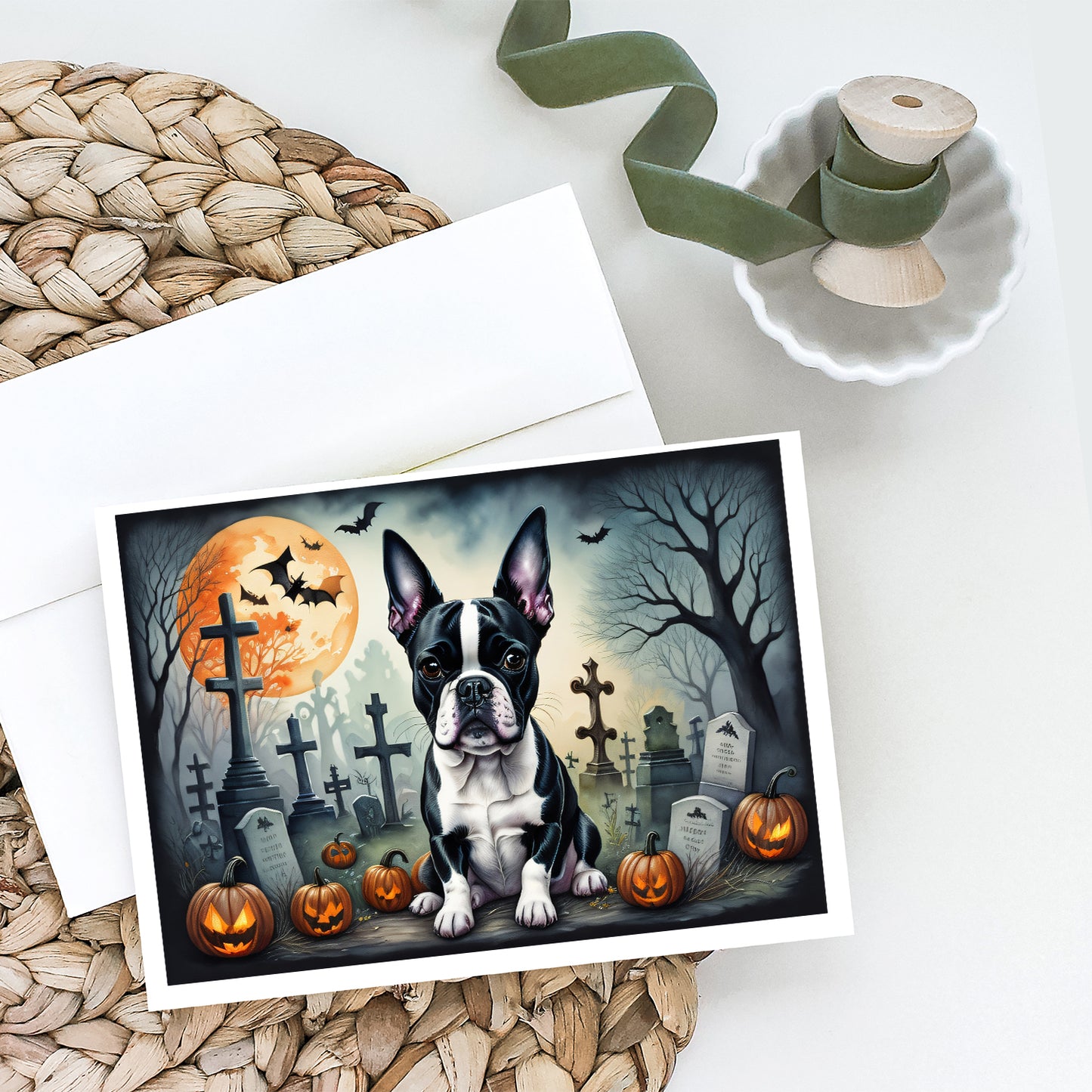 Boston Terrier Spooky Halloween Greeting Cards and Envelopes Pack of 8