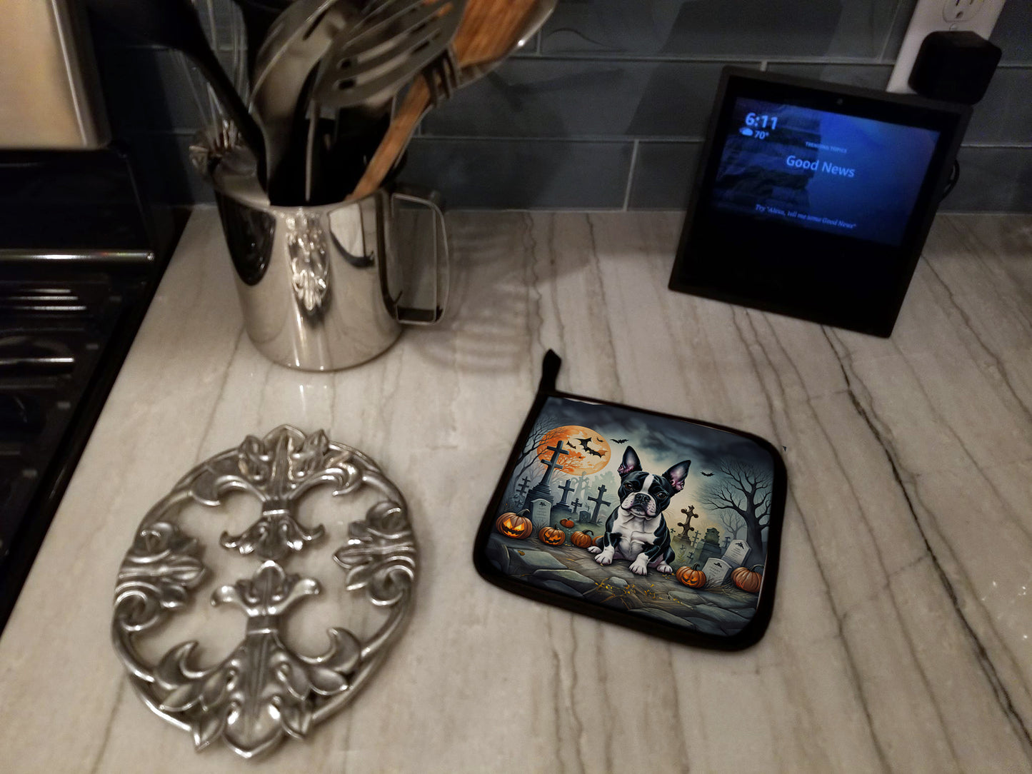 Boston Terrier Spooky Halloween Pair of Pot Holders