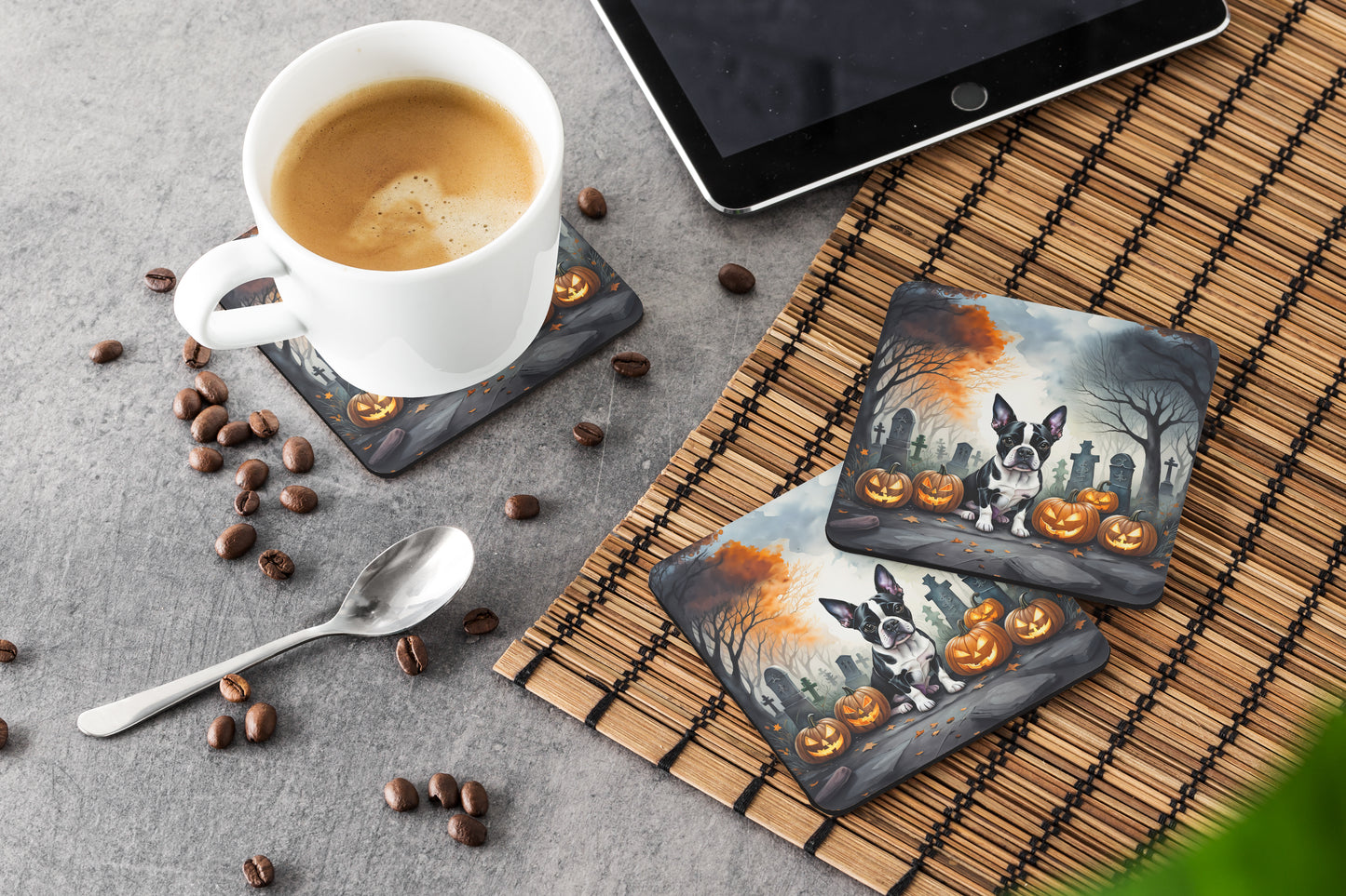 Boston Terrier Spooky Halloween Foam Coasters