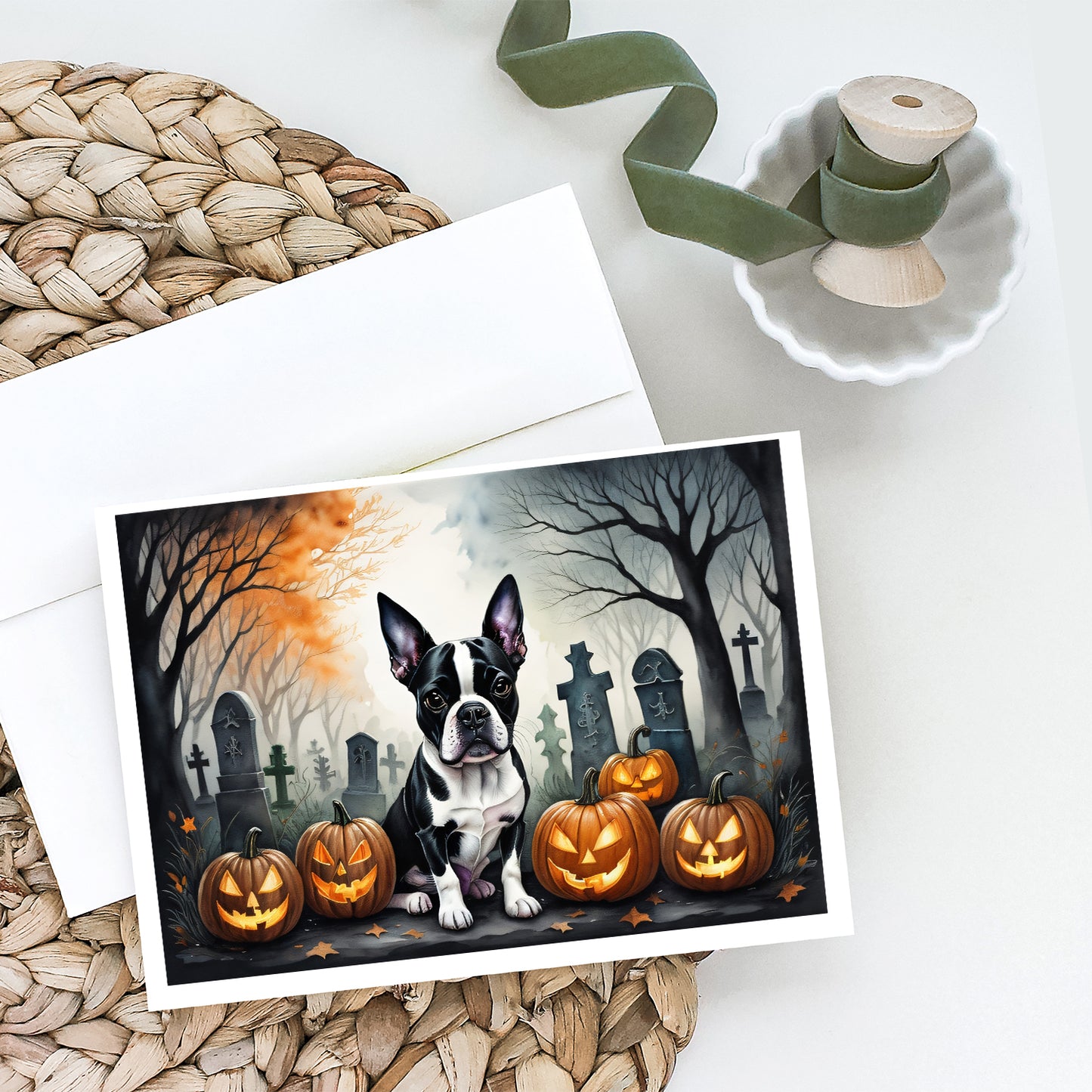 Boston Terrier Spooky Halloween Greeting Cards and Envelopes Pack of 8
