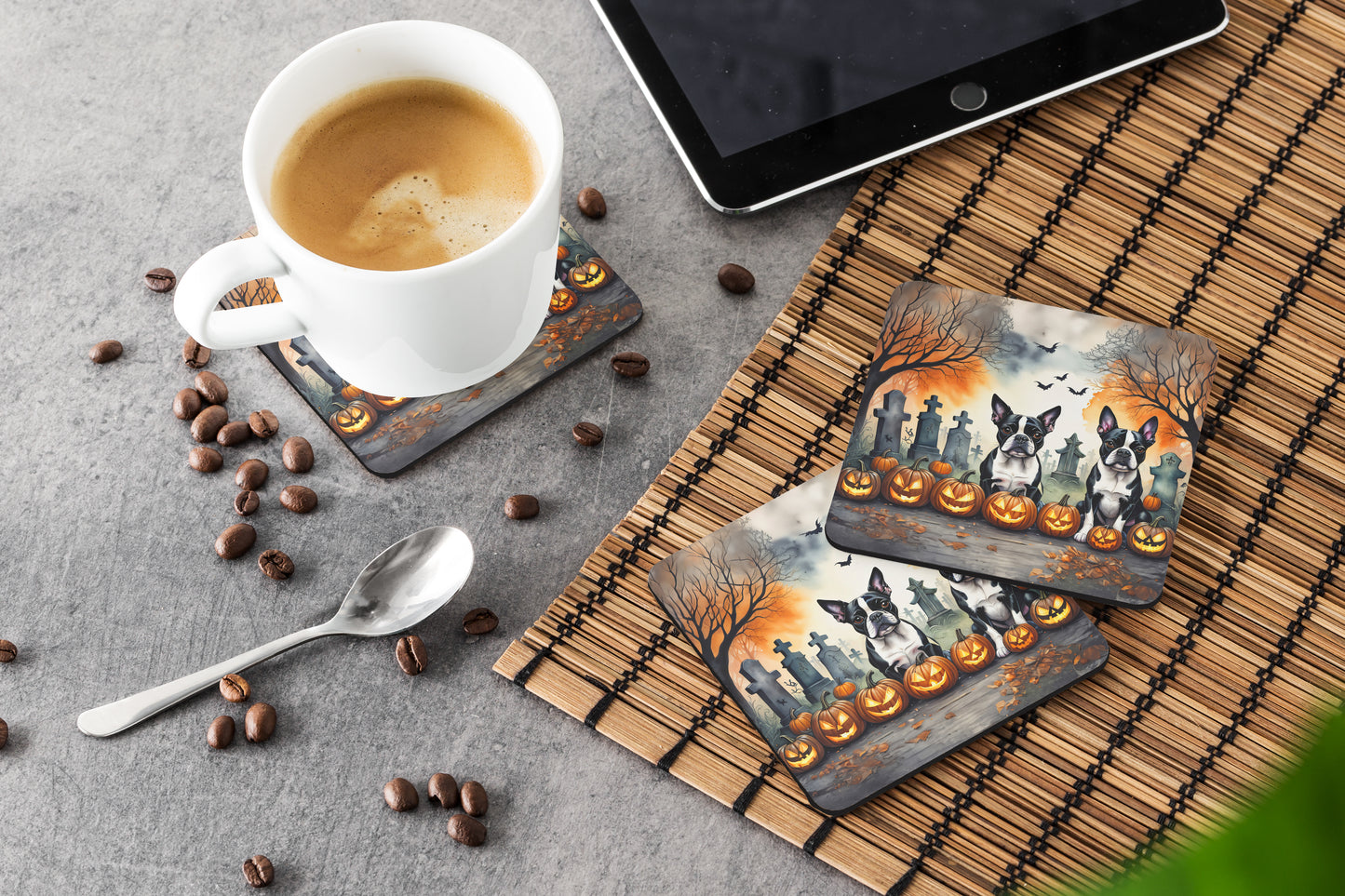 Boston Terrier Spooky Halloween Foam Coasters