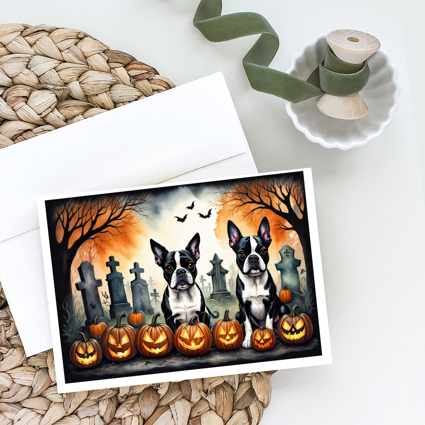 Boston Terrier Spooky Halloween Greeting Cards and Envelopes Pack of 8