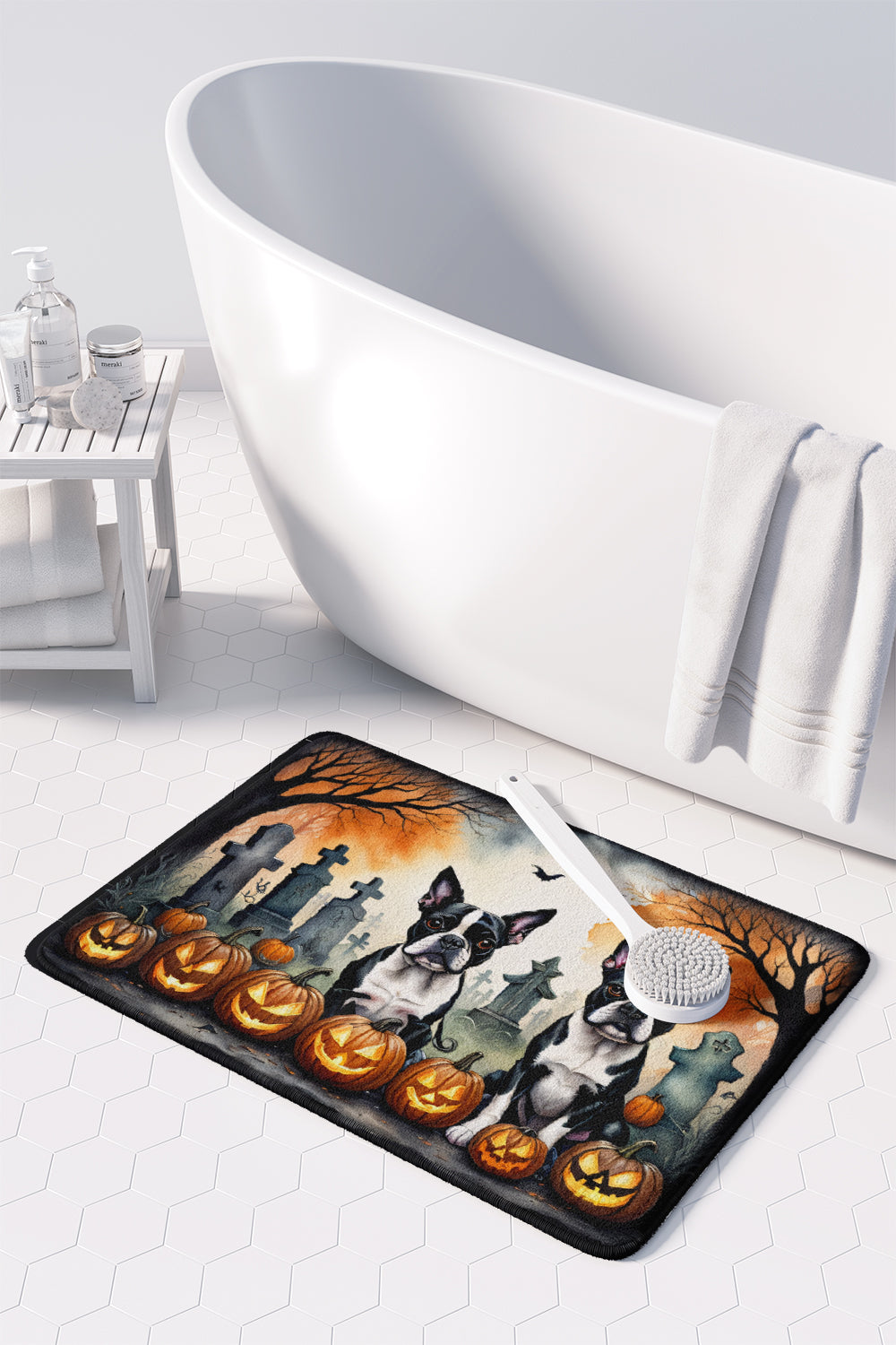 Boston Terrier Spooky Halloween Memory Foam Kitchen Mat