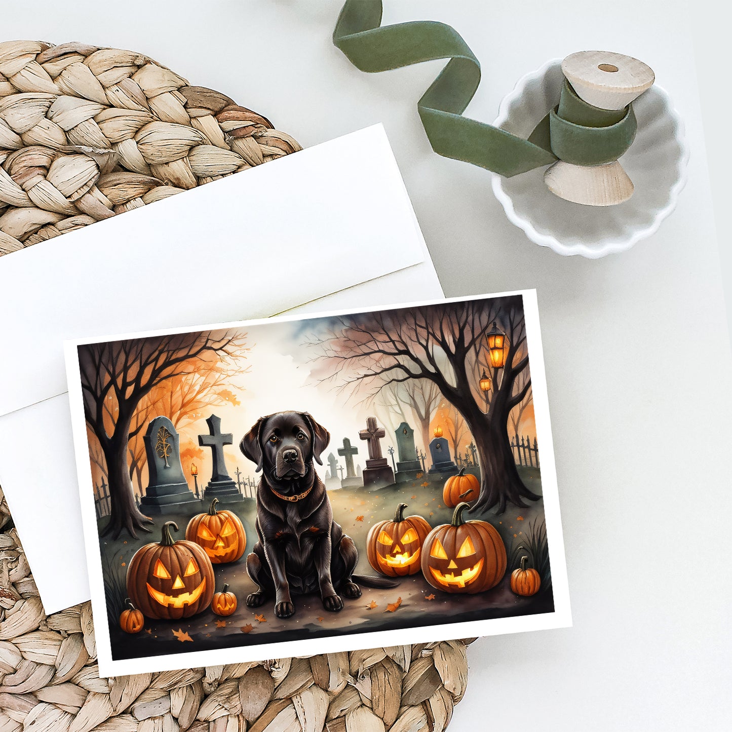 Chocolate Labrador Retriever Spooky Halloween Greeting Cards and Envelopes Pack of 8