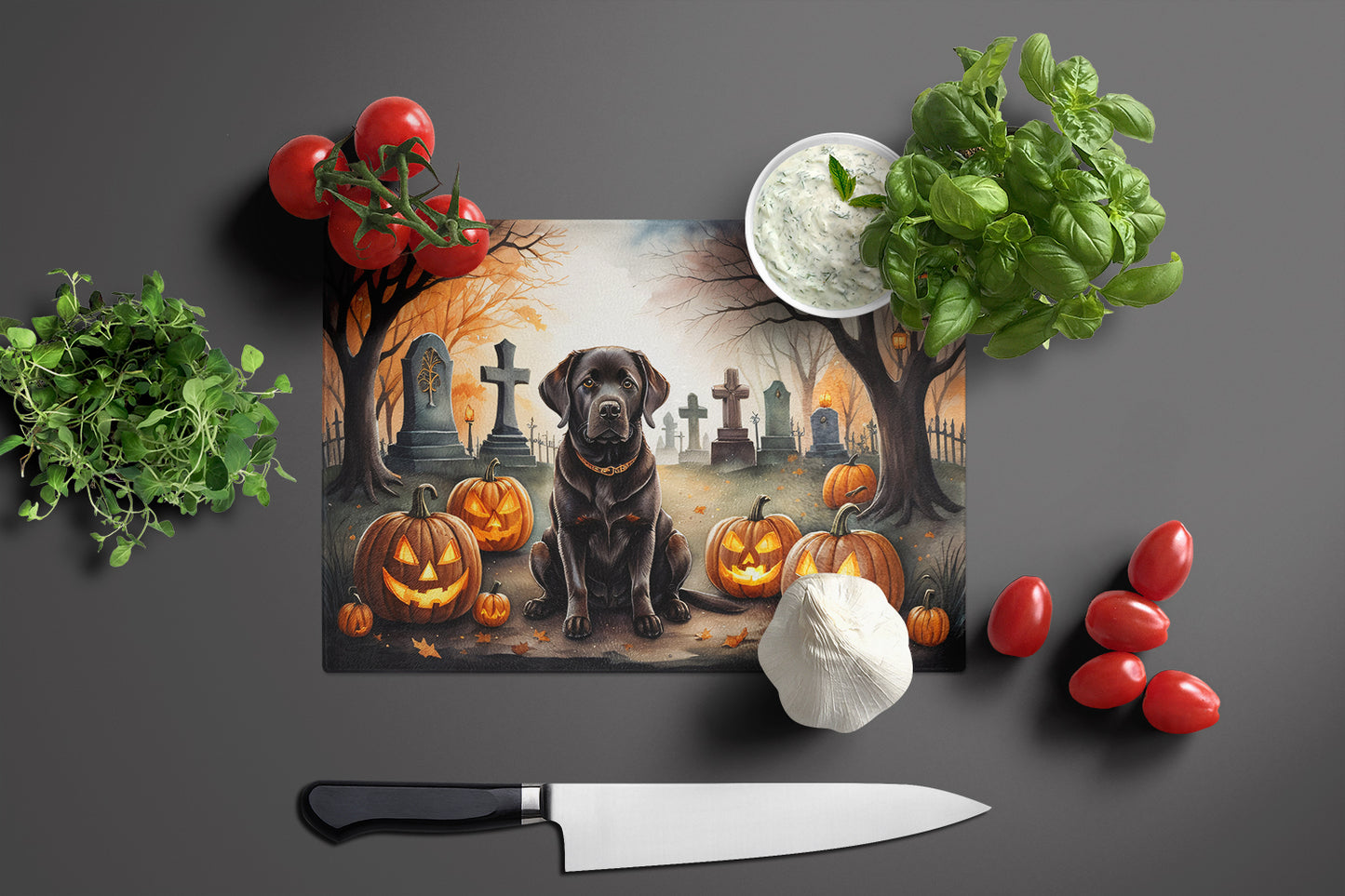 Chocolate Labrador Retriever Spooky Halloween Glass Cutting Board