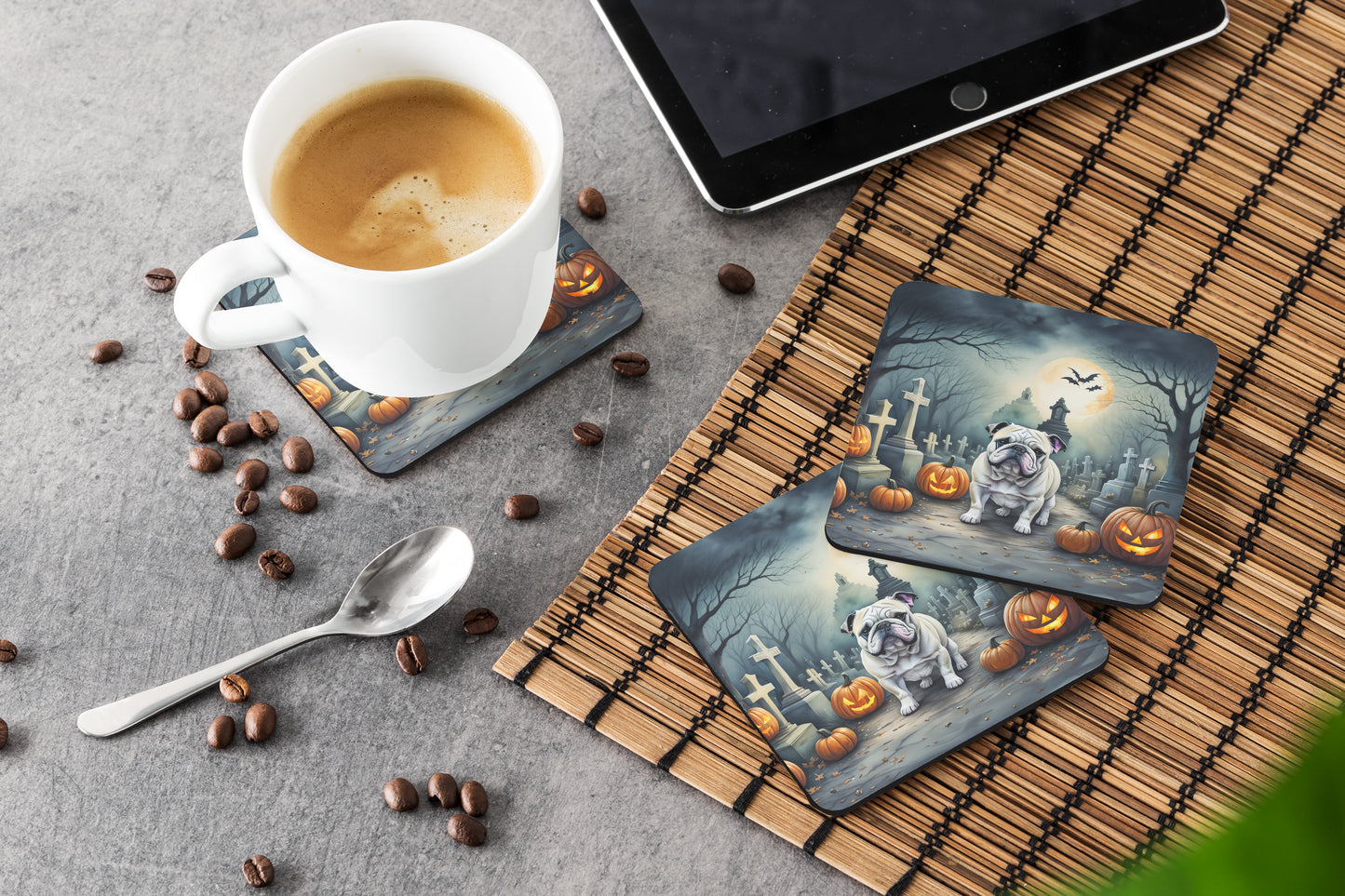 English Bulldog Spooky Halloween Foam Coasters