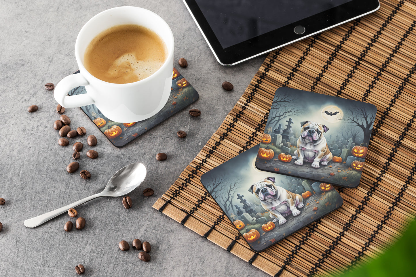 English Bulldog Spooky Halloween Foam Coasters