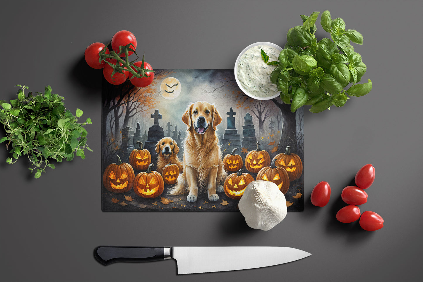 Golden Retriever Spooky Halloween Glass Cutting Board