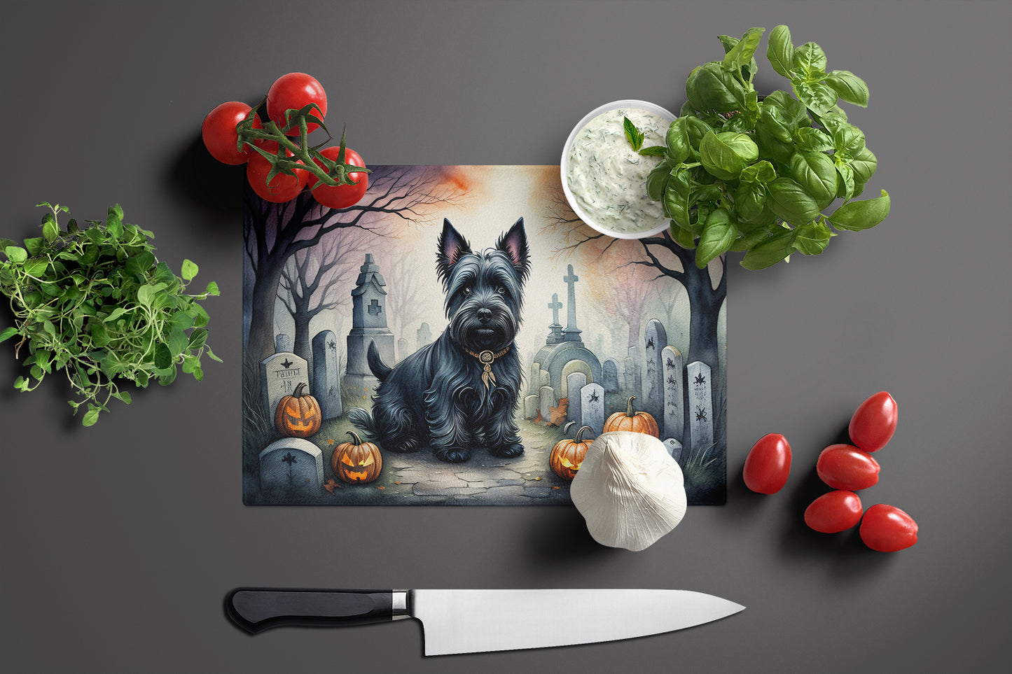 Scottish Terrier Spooky Halloween Glass Cutting Board