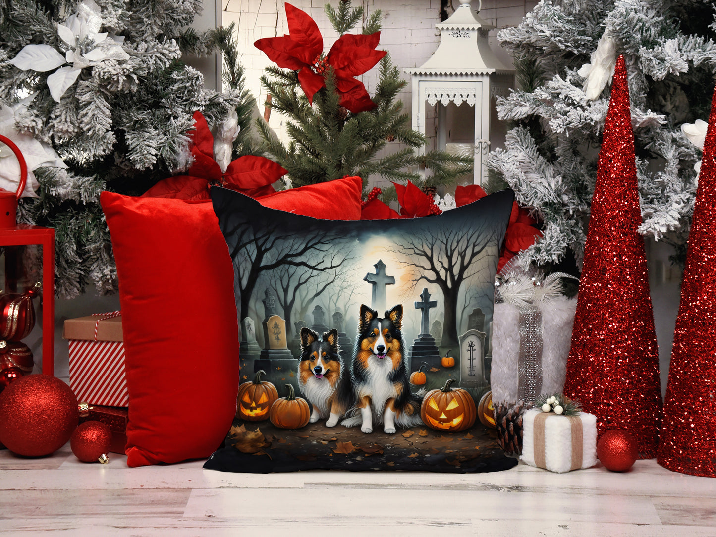 Sheltie Spooky Halloween Throw Pillow