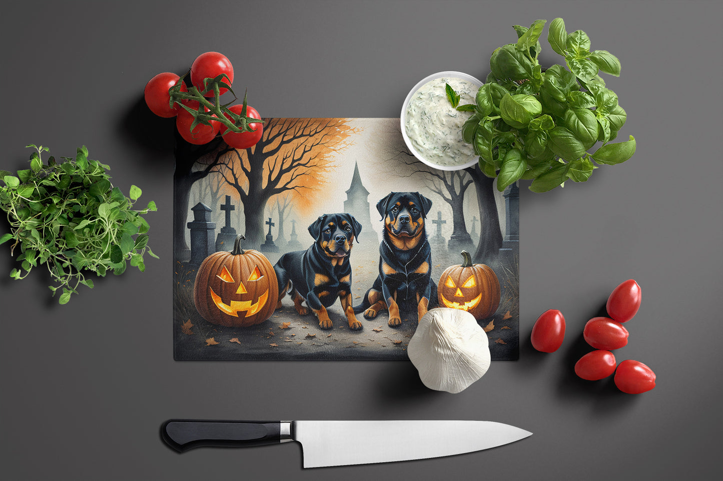 Rottweiler Spooky Halloween Glass Cutting Board