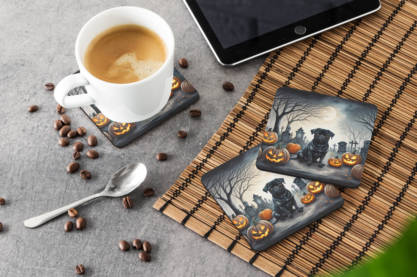 Black Pug Spooky Halloween Foam Coasters