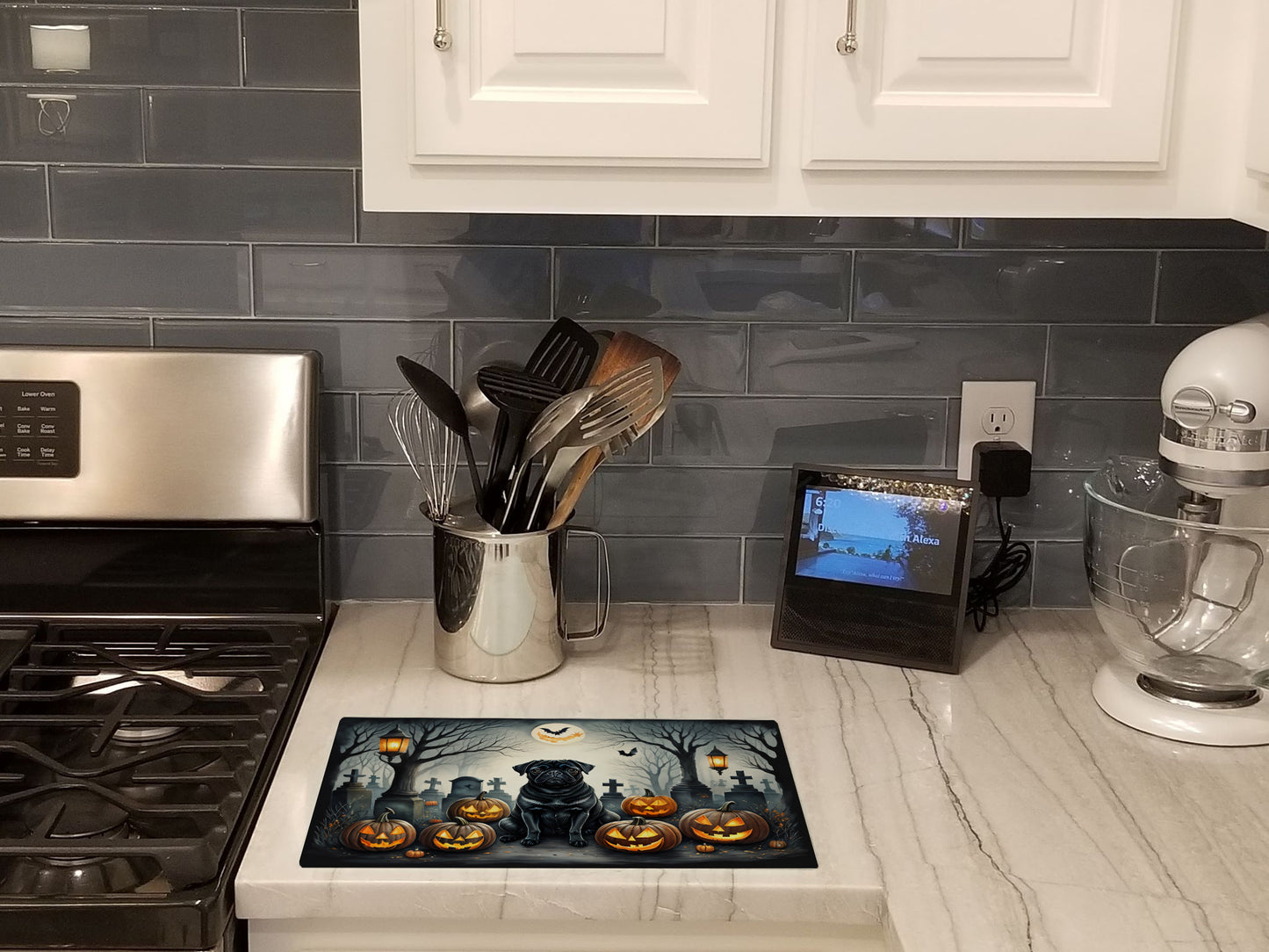 Black Pug Spooky Halloween Glass Cutting Board