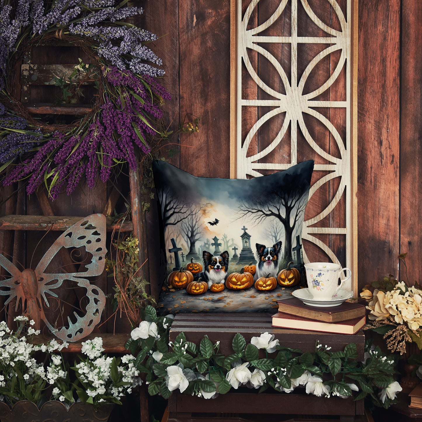 Papillon Spooky Halloween Throw Pillow