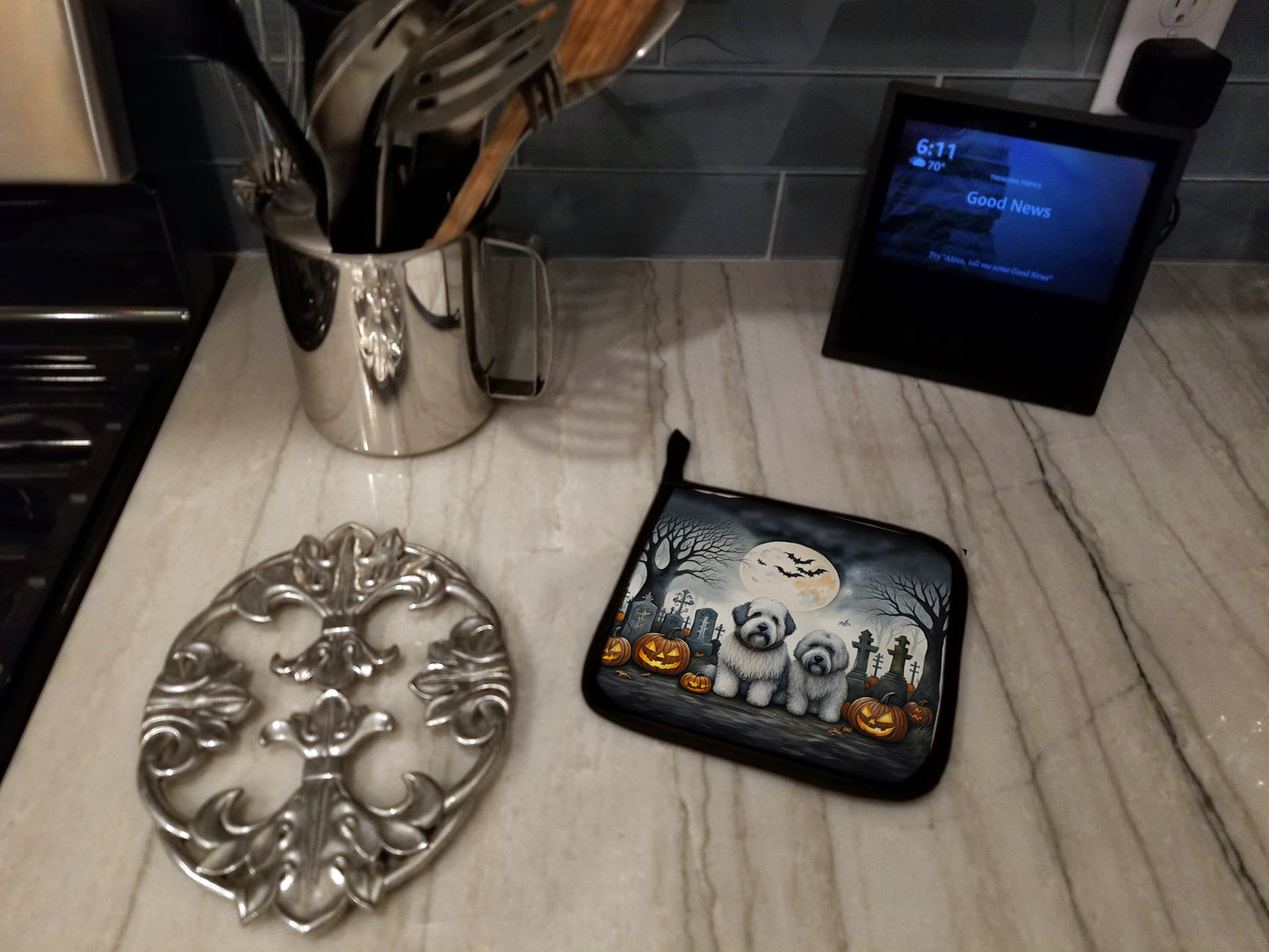 Old English Sheepdog Spooky Halloween Pair of Pot Holders