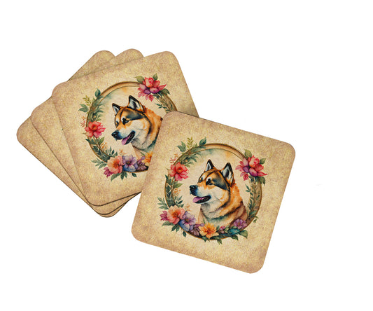 Buy this Akita and Flowers Foam Coasters