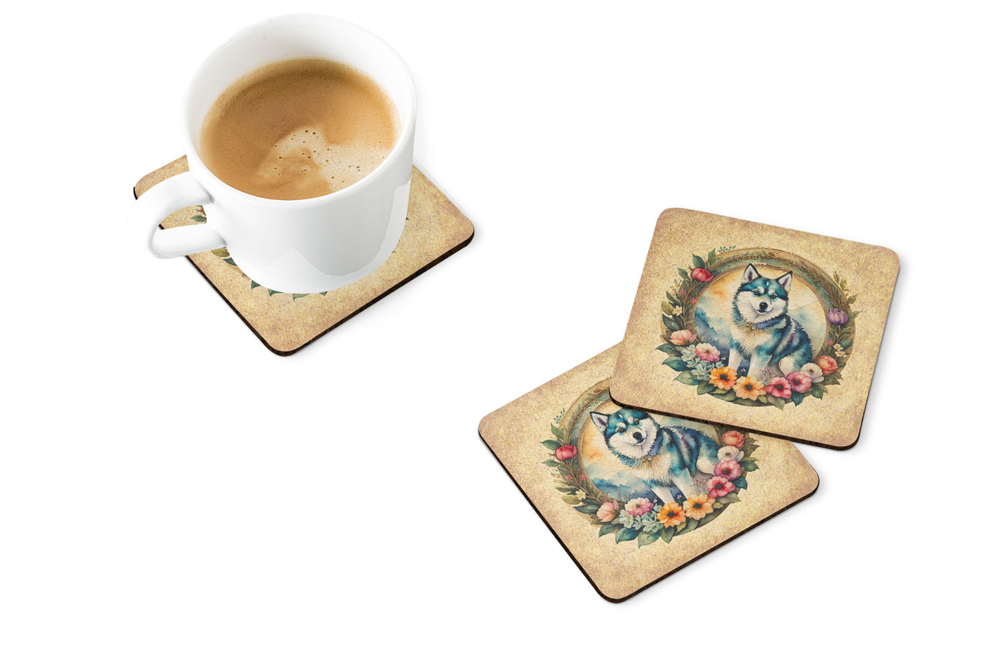 Alaskan Klee Kai and Flowers Foam Coasters