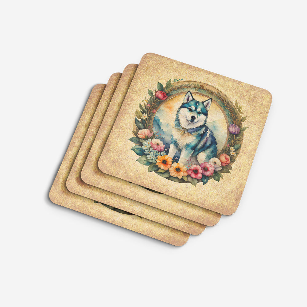 Alaskan Klee Kai and Flowers Foam Coasters