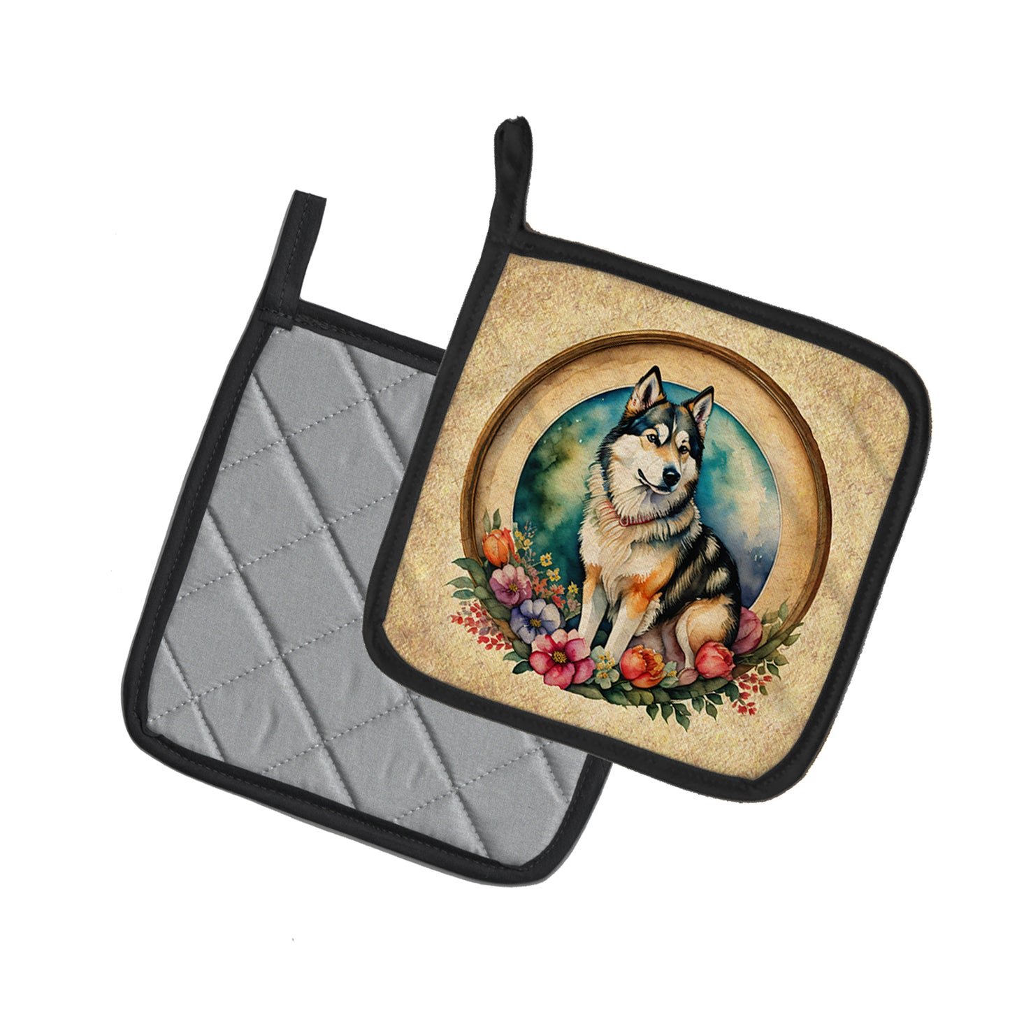 Alaskan Malamute and Flowers Pair of Pot Holders