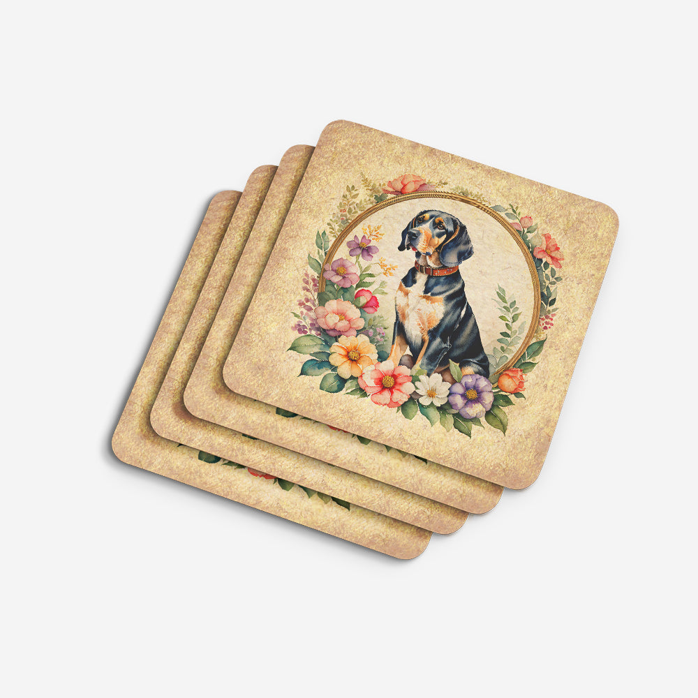 American English Coonhound and Flowers Foam Coasters