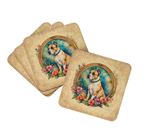 Buy this American Staffordshire Terrier and Flowers Foam Coasters