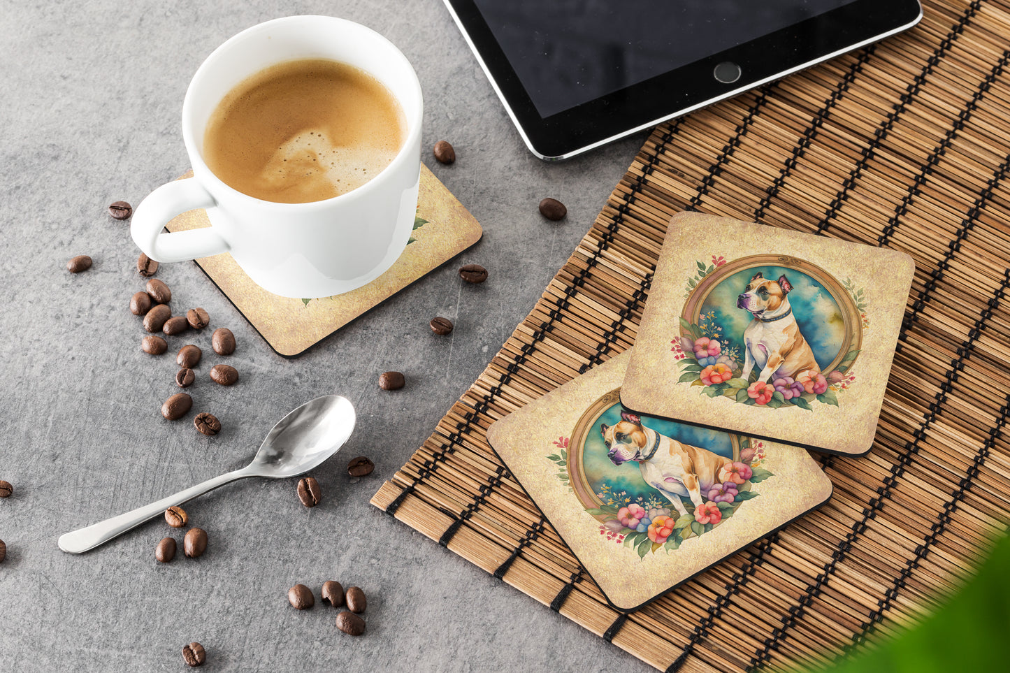 American Staffordshire Terrier and Flowers Foam Coasters