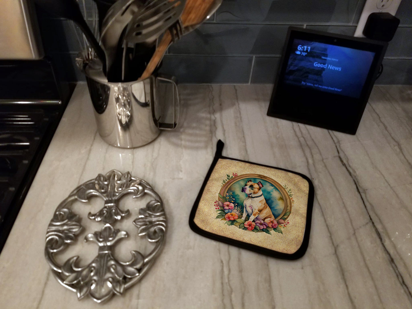 American Staffordshire Terrier and Flowers Pair of Pot Holders