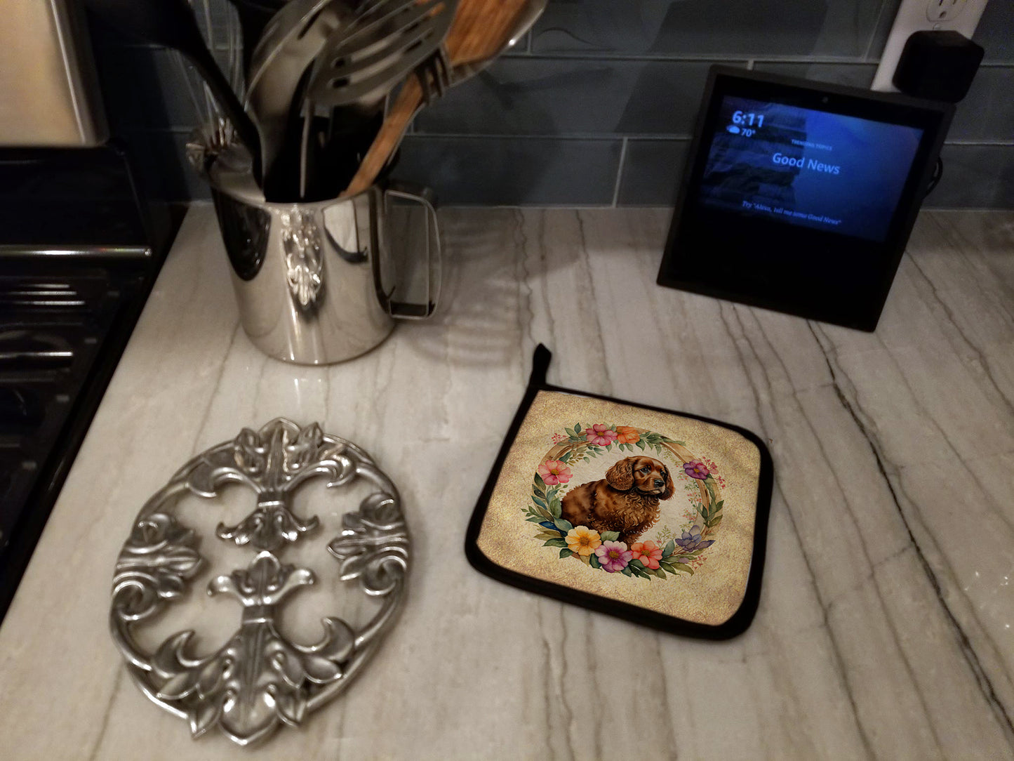 American Water Spaniel and Flowers Pair of Pot Holders