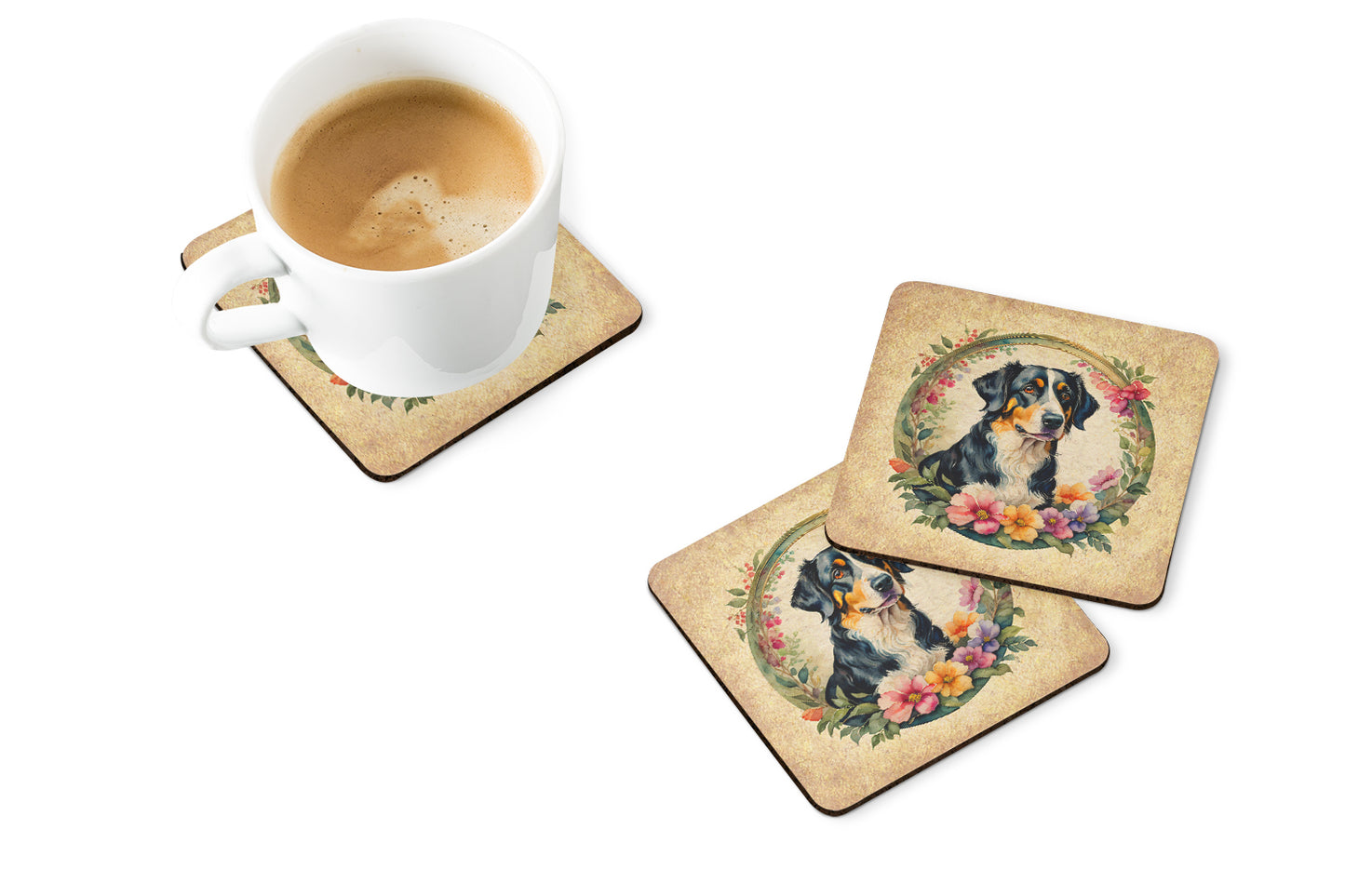 Appenzeller Sennenhund and Flowers Foam Coasters