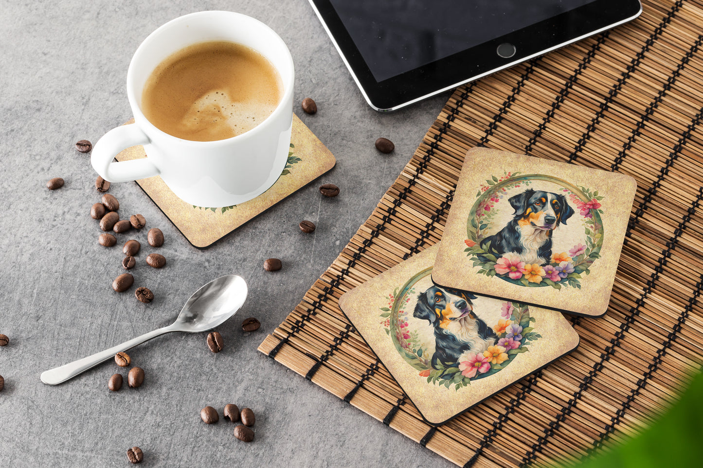 Appenzeller Sennenhund and Flowers Foam Coasters