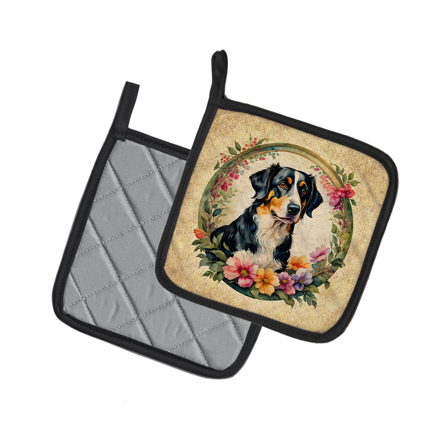 Appenzeller Sennenhund and Flowers Pair of Pot Holders