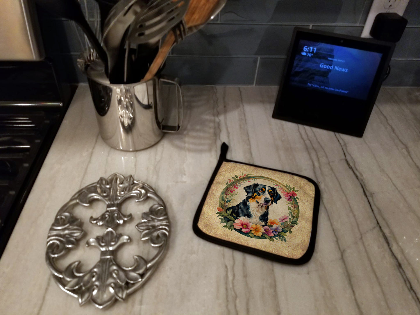 Appenzeller Sennenhund and Flowers Pair of Pot Holders