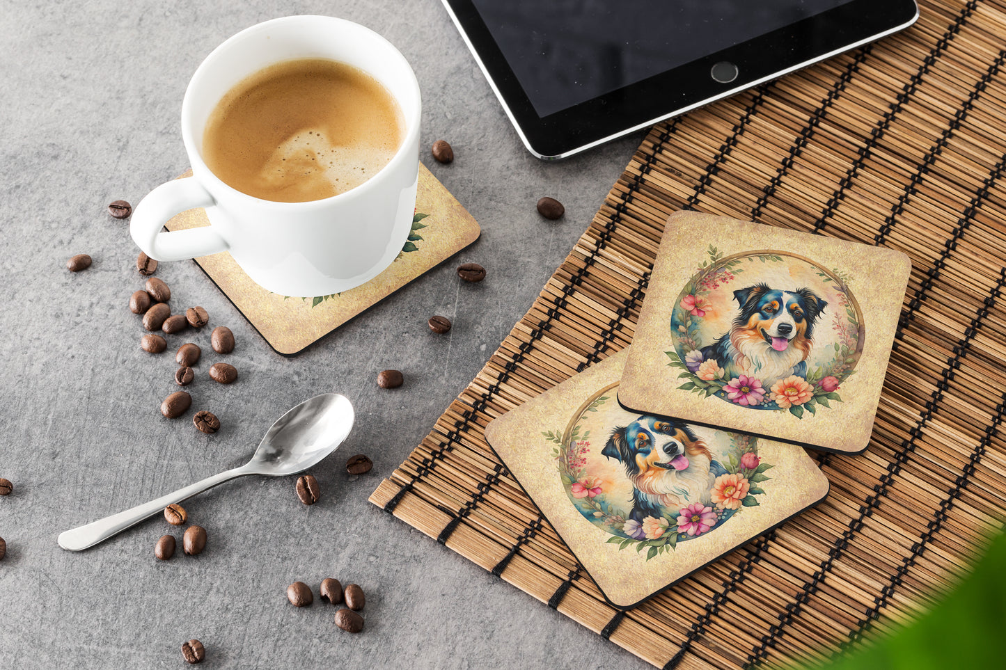 Australian Shepherd and Flowers Foam Coasters