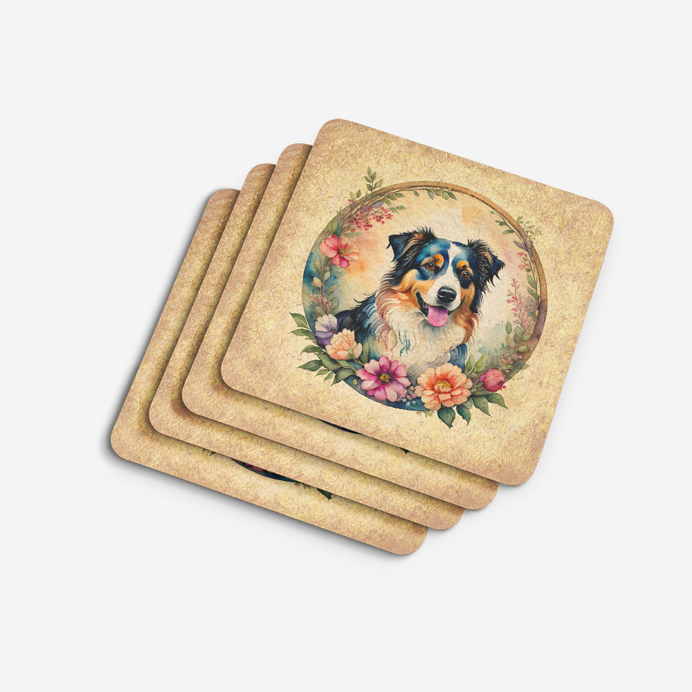 Australian Shepherd and Flowers Foam Coasters