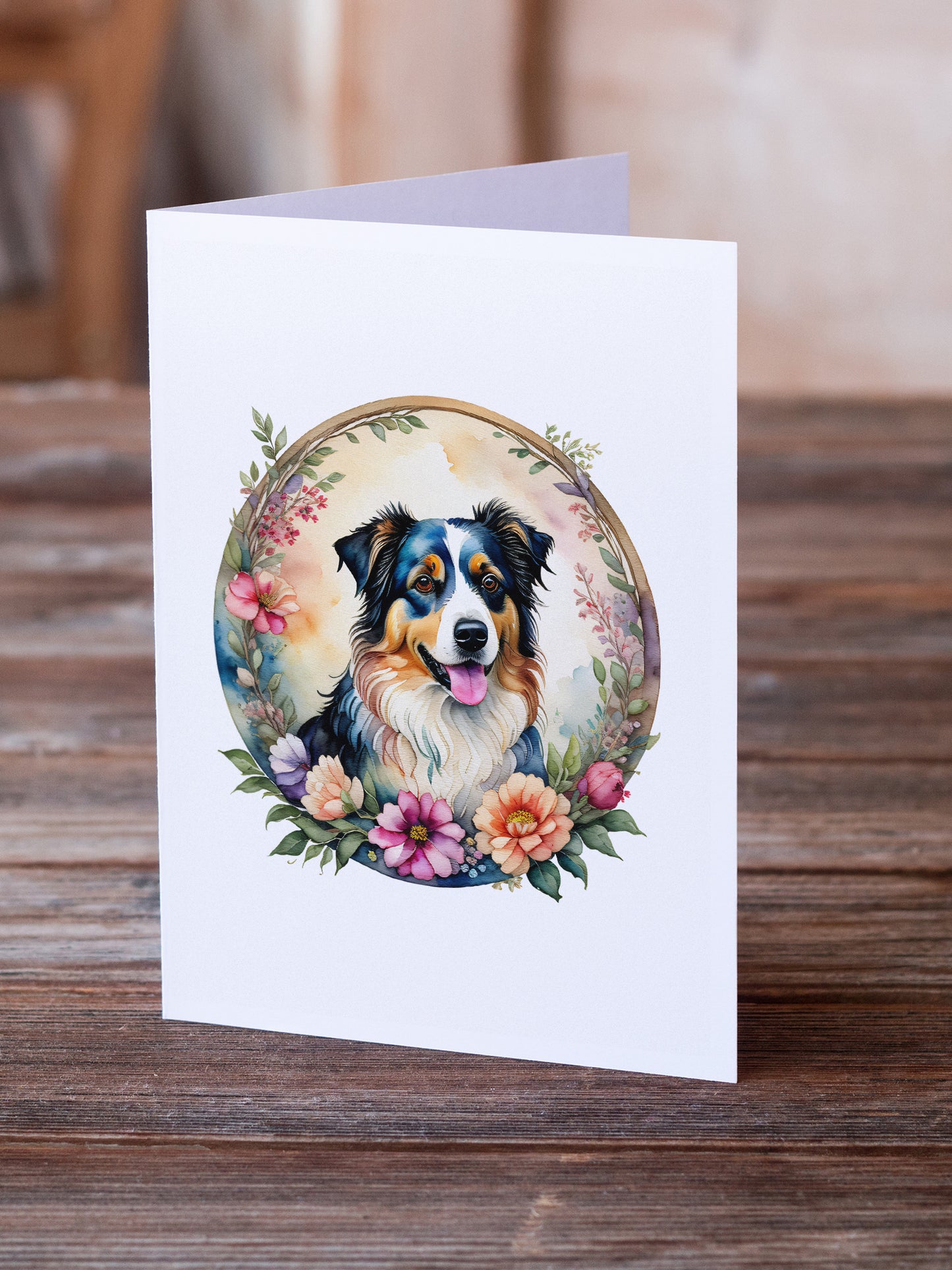 Australian Shepherd and Flowers Greeting Cards and Envelopes Pack of 8