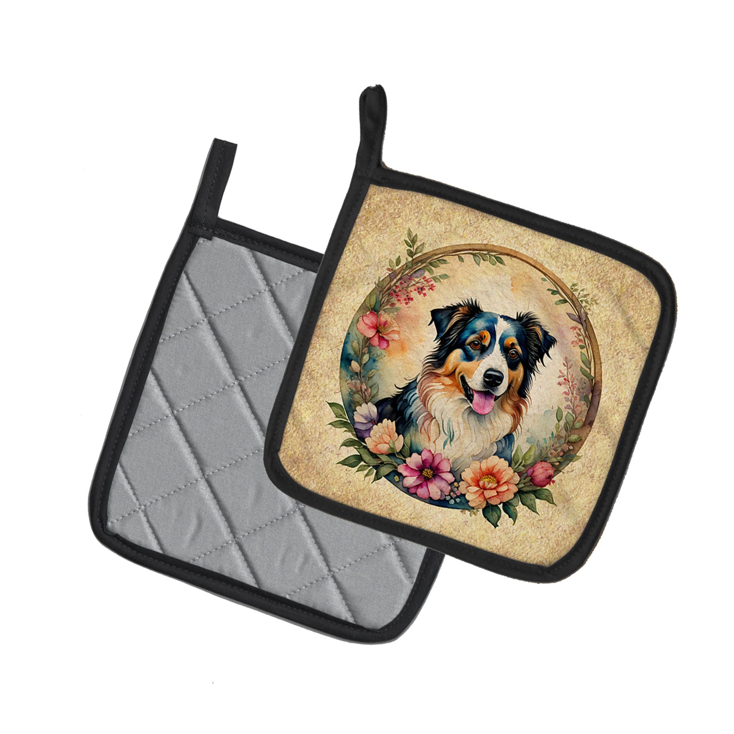 Australian Shepherd and Flowers Pair of Pot Holders