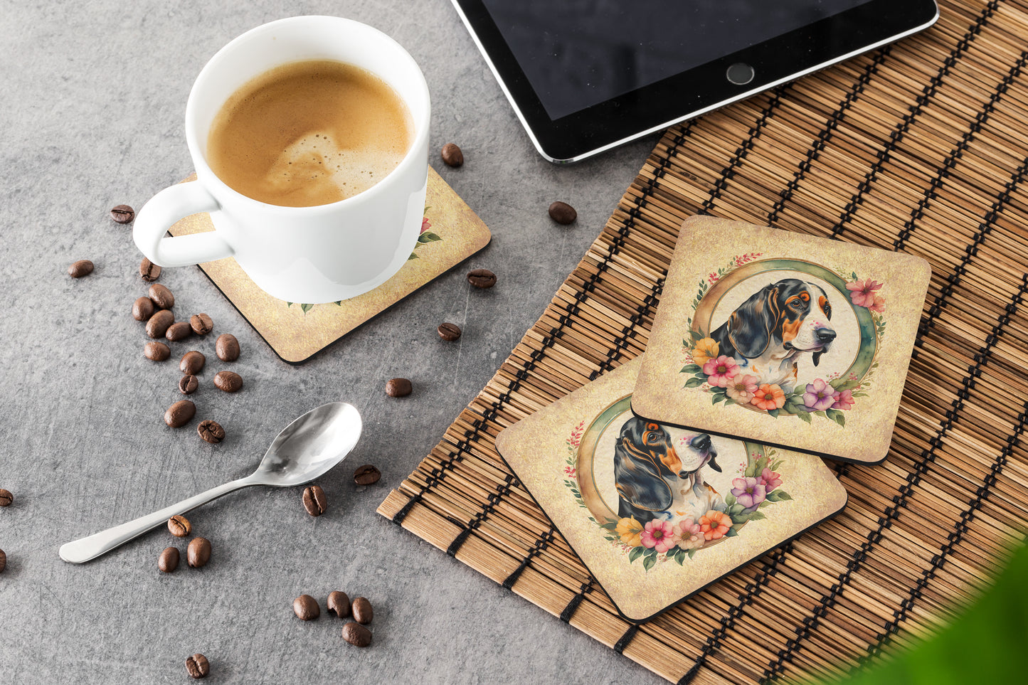 Basset Hound and Flowers Foam Coasters