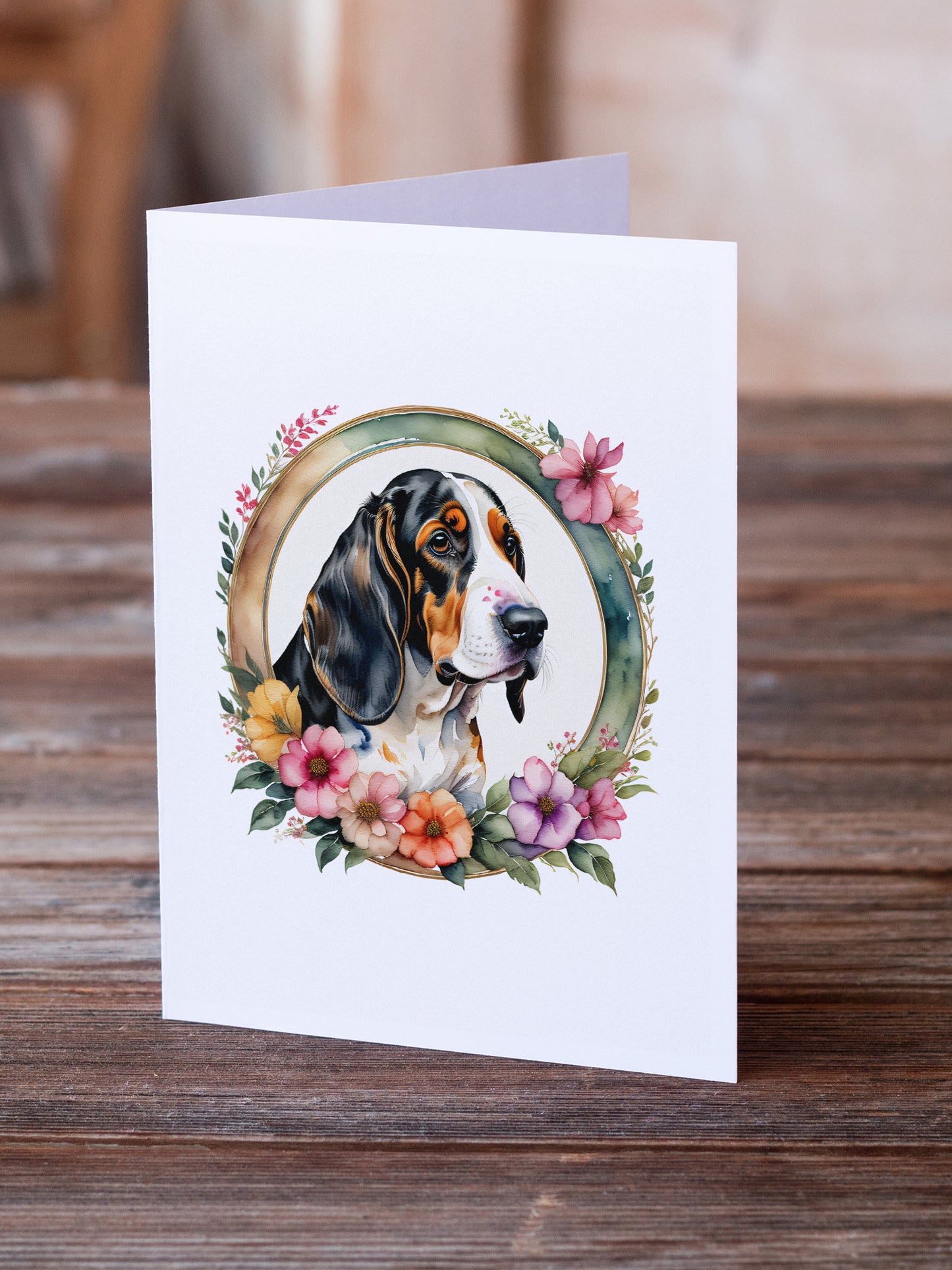 Basset Hound and Flowers Greeting Cards and Envelopes Pack of 8