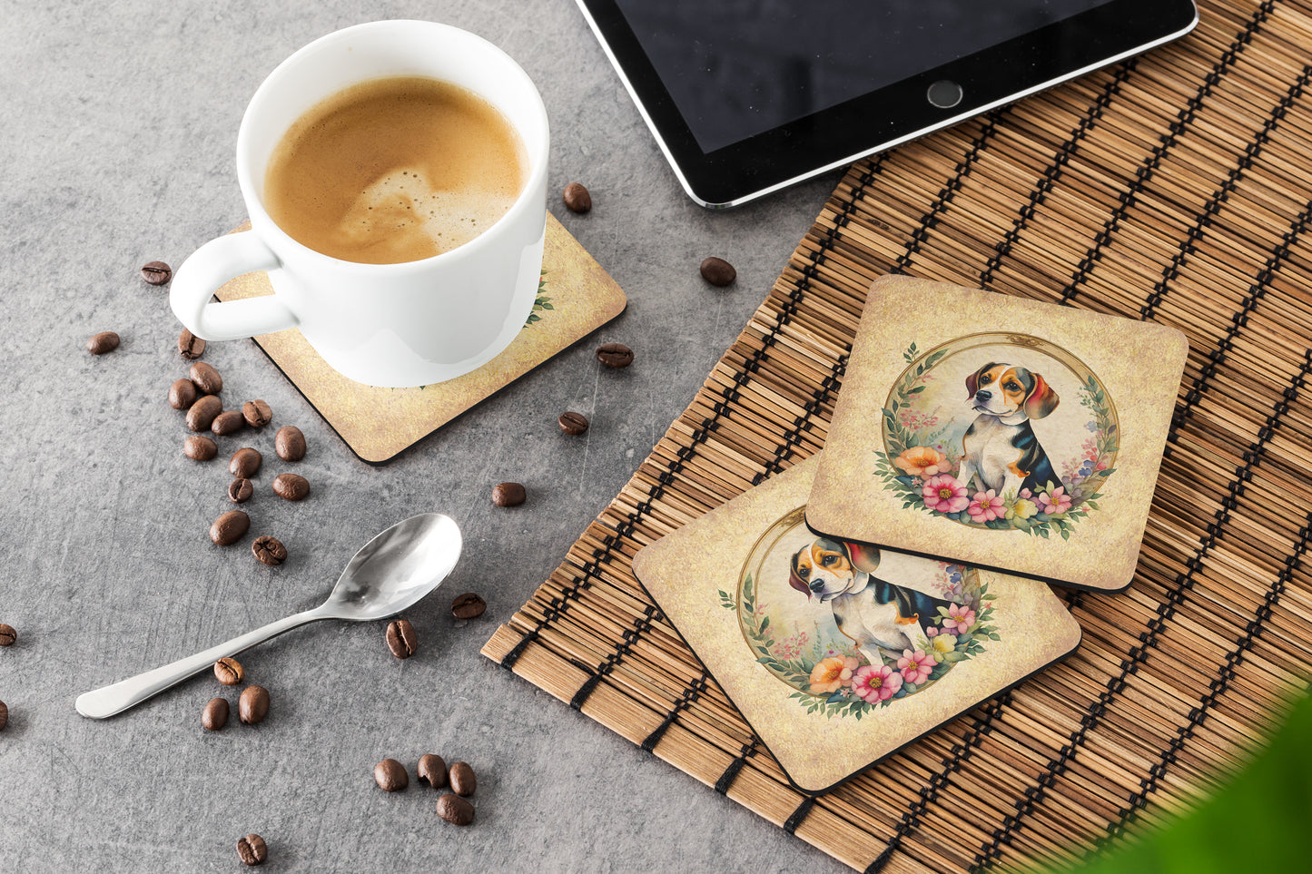 Beagle and Flowers Foam Coasters