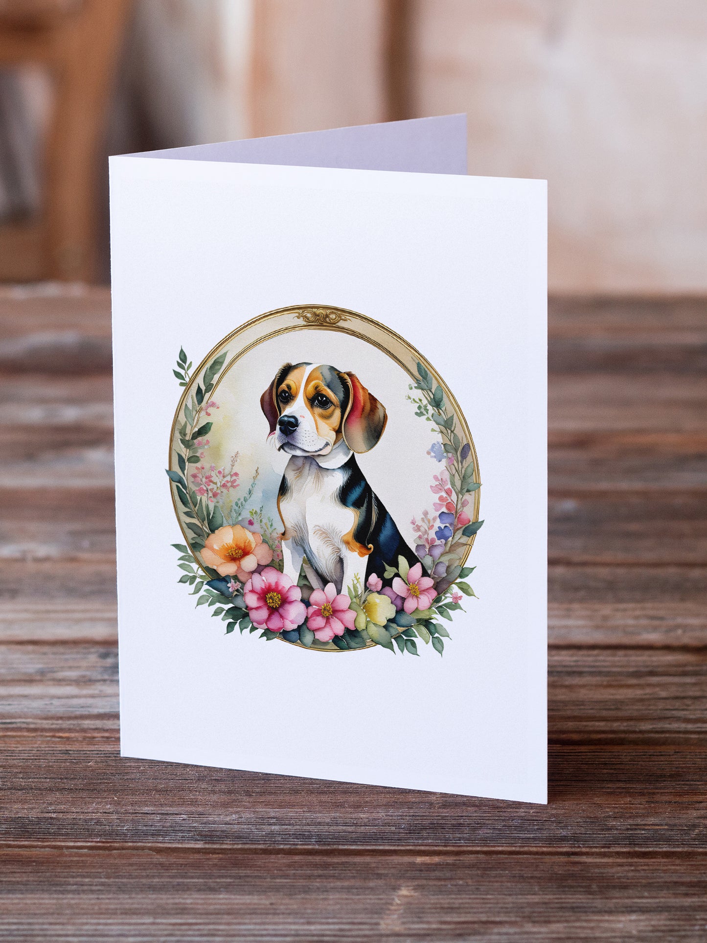 Beagle and Flowers Greeting Cards and Envelopes Pack of 8