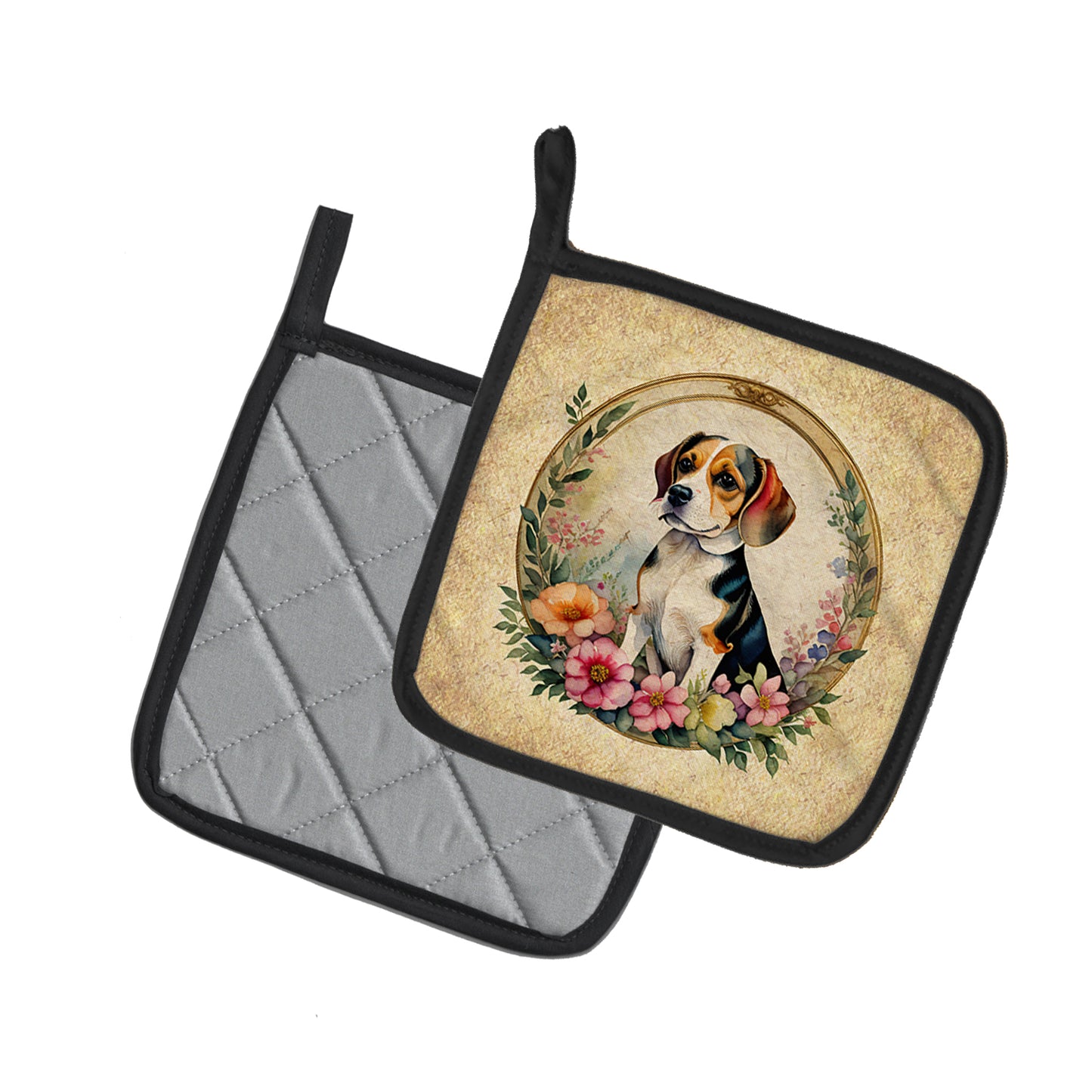Beagle and Flowers Pair of Pot Holders
