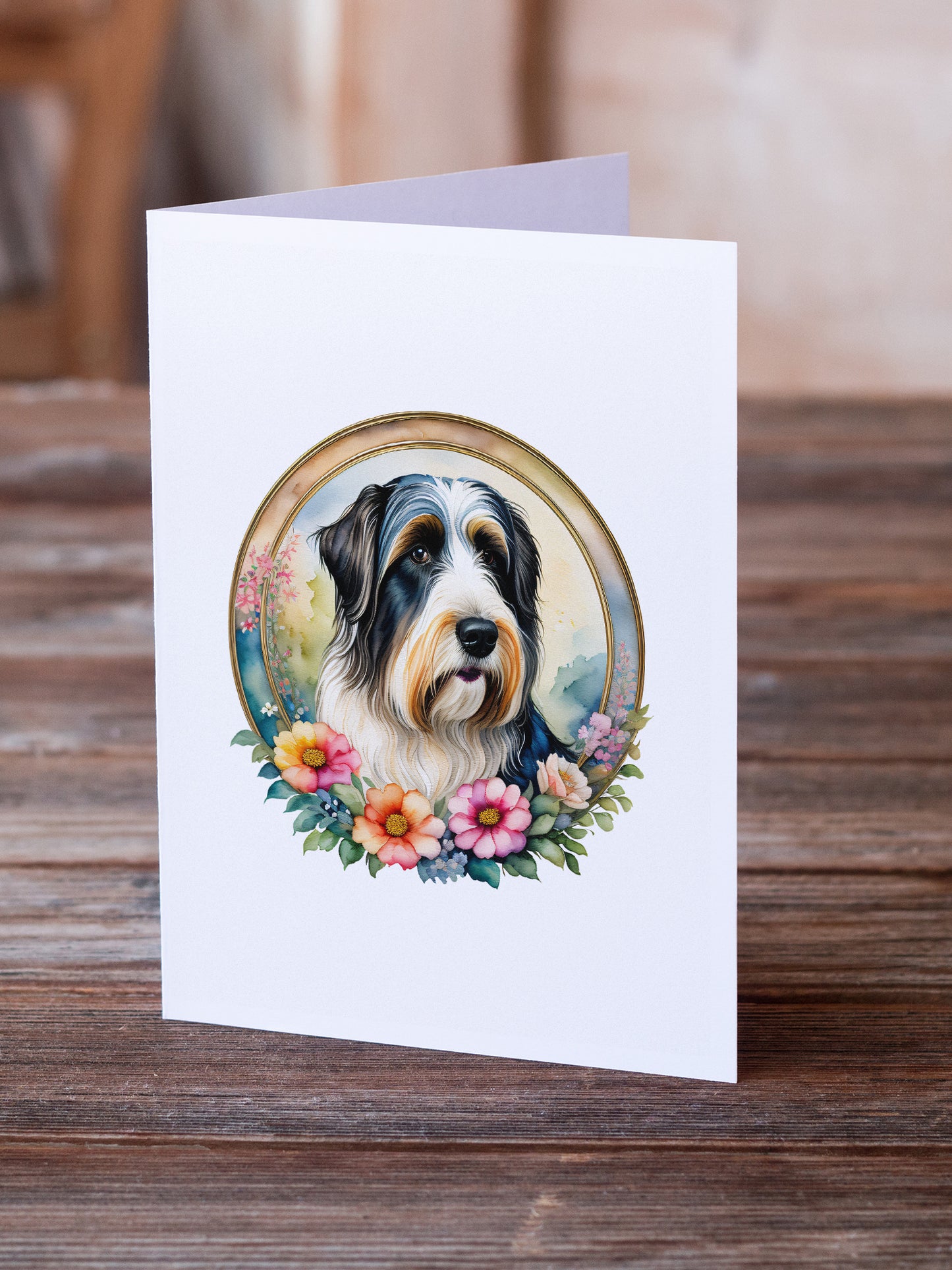 Bearded Collie and Flowers Greeting Cards and Envelopes Pack of 8