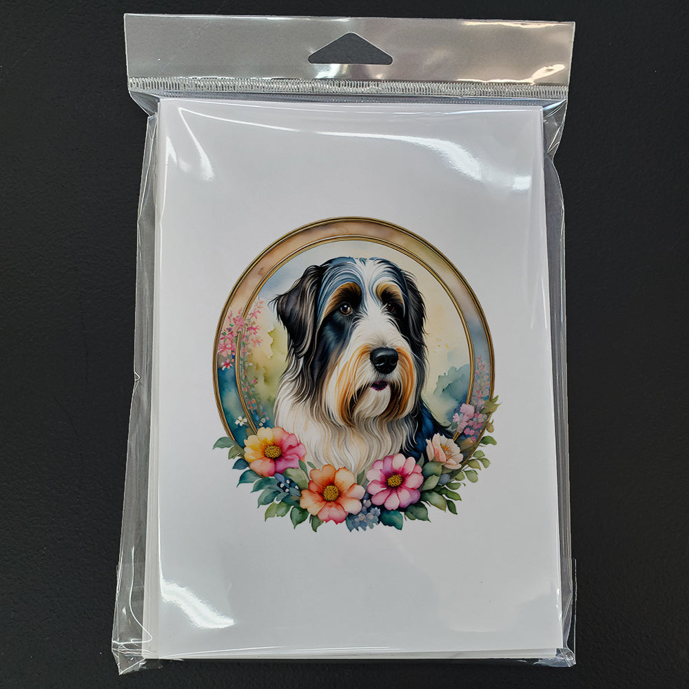 Bearded Collie and Flowers Greeting Cards and Envelopes Pack of 8