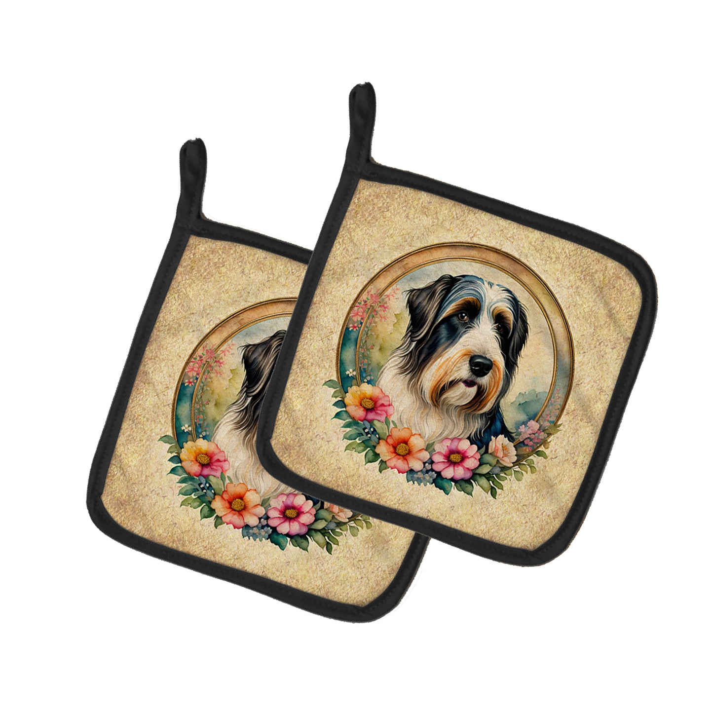 Buy this Bearded Collie and Flowers Pair of Pot Holders