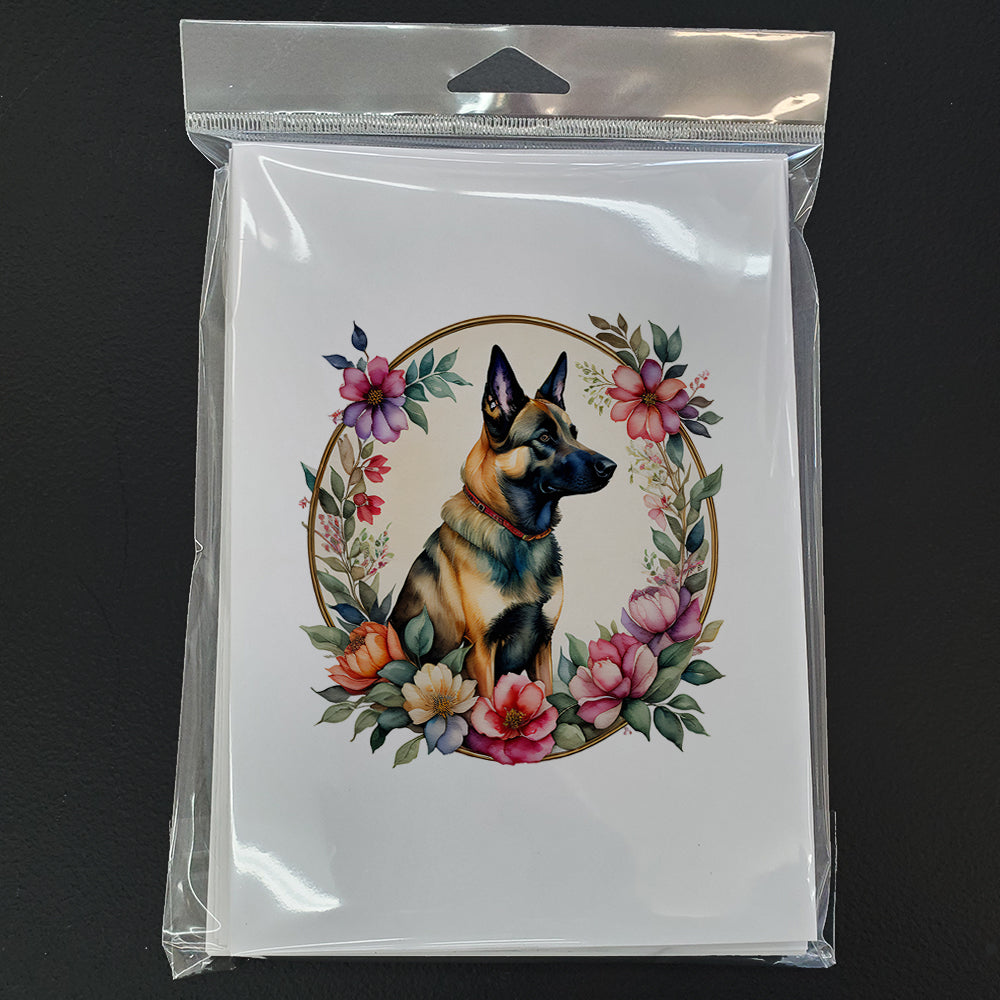 Belgian Malinois and Flowers Greeting Cards and Envelopes Pack of 8