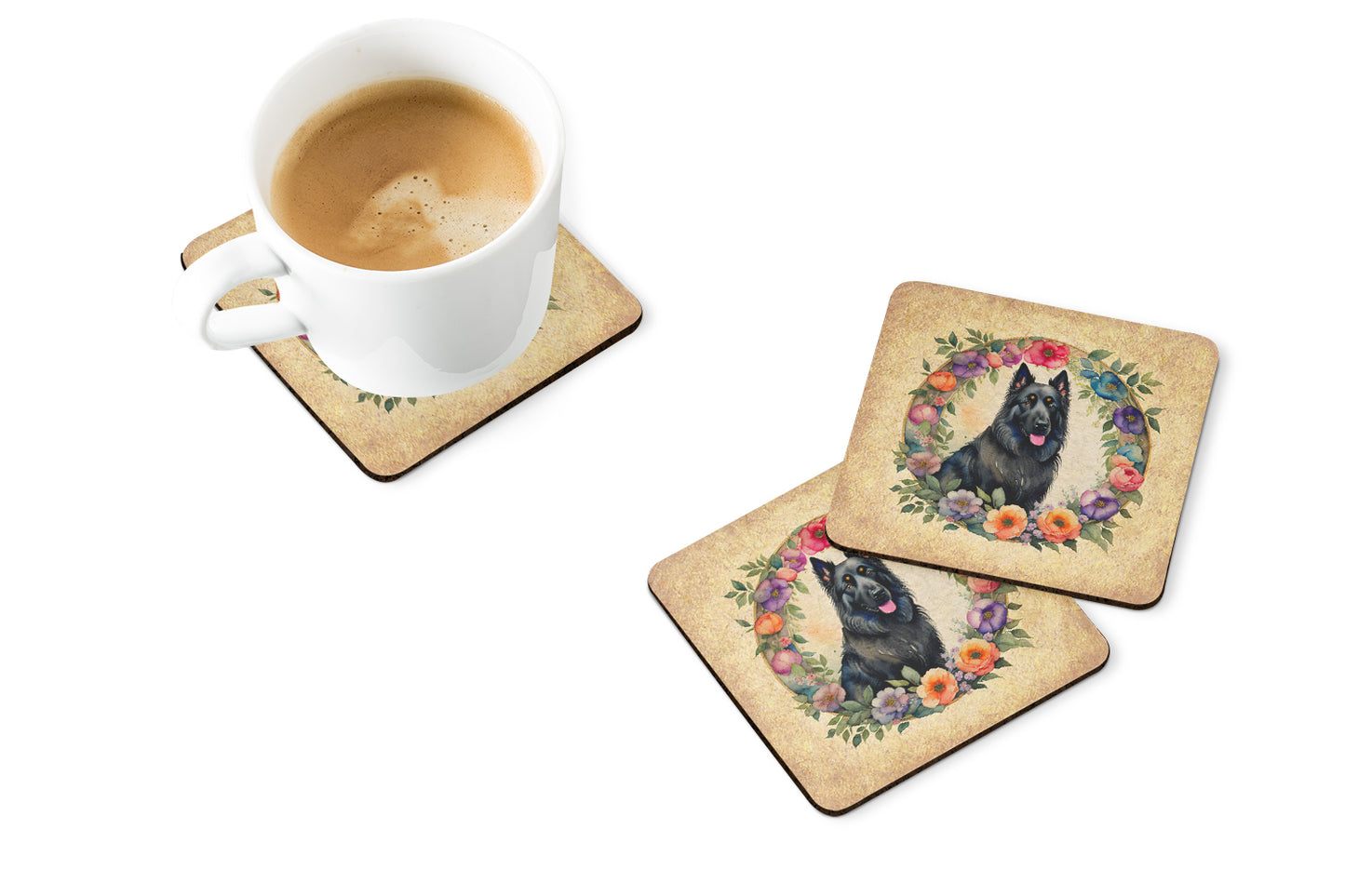 Belgian Sheepdog and Flowers Foam Coasters