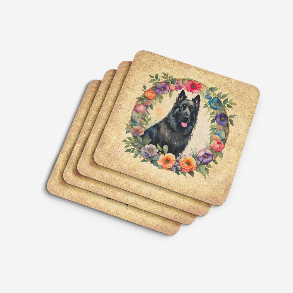 Belgian Sheepdog and Flowers Foam Coasters